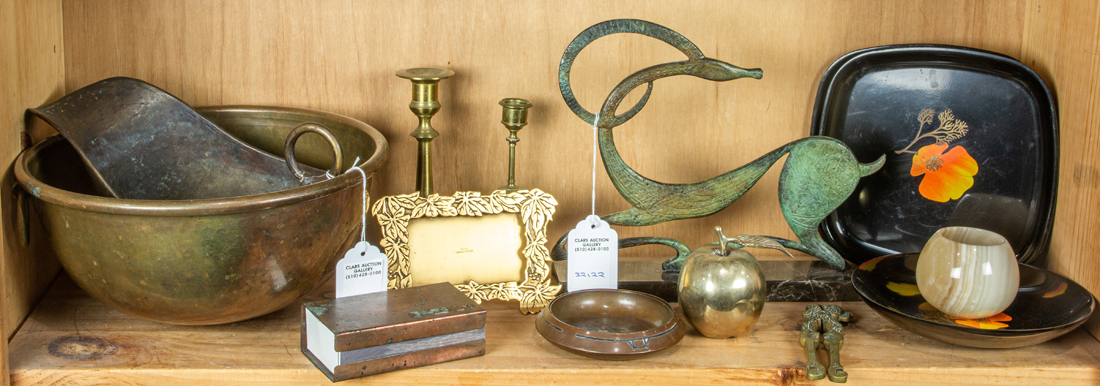 TWO SHELVES OF MOSTLY METALWORK 3a2168