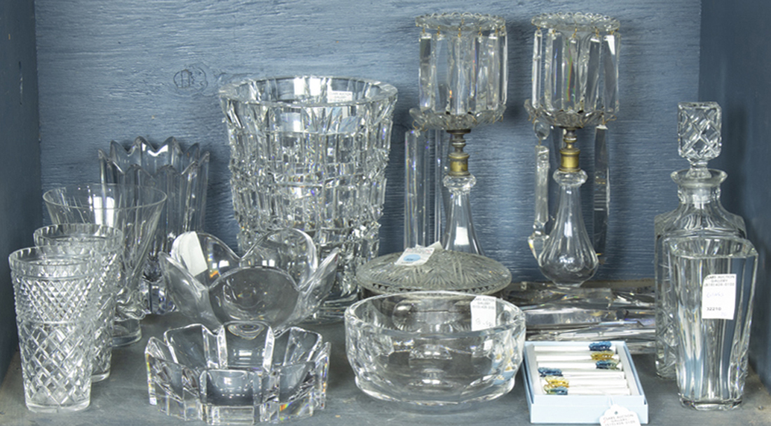 ONE SHELF OF GLASSWARE, INCLUDING LUSTERS,