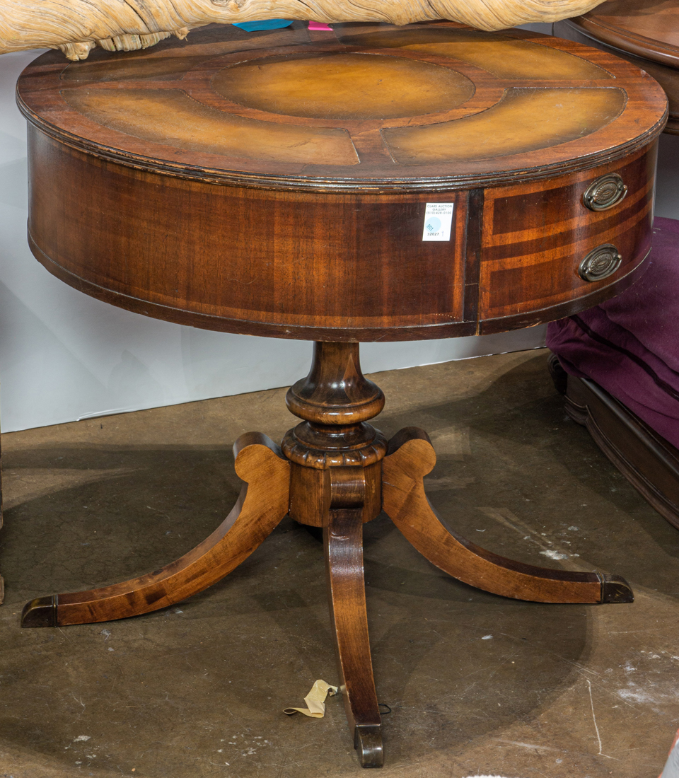 A REGENCY STYLE DRUM TABLE WITH DRAWER