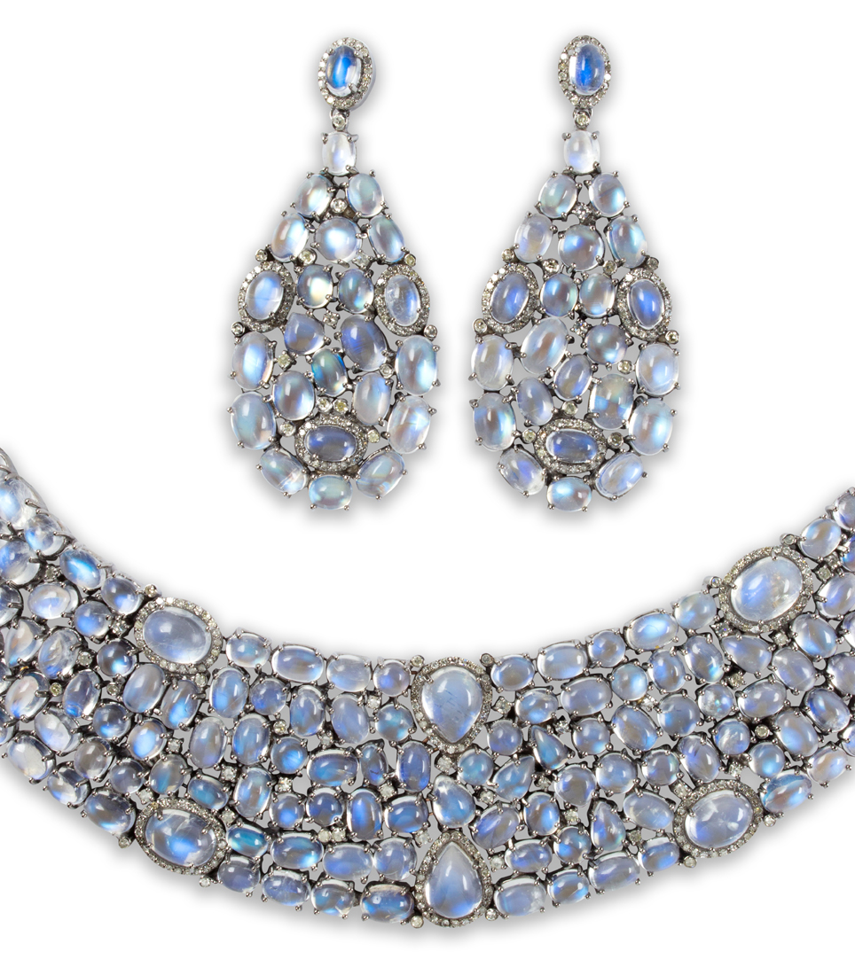 A PAIR OF BLUE MOONSTONE AND DIAMOND 3a2268