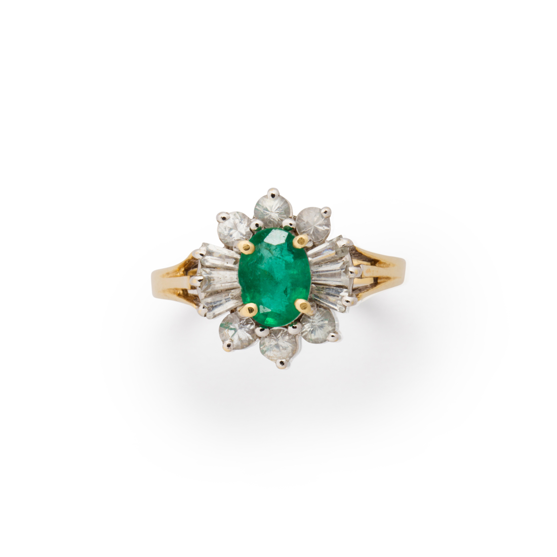 AN EMERALD, WHITE SAPPHIRE AND