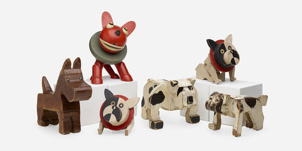 Folk Art. collection of six dogs. early