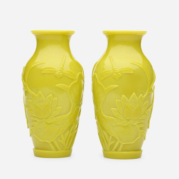Chinese. lemon yellow Peking glass vases,