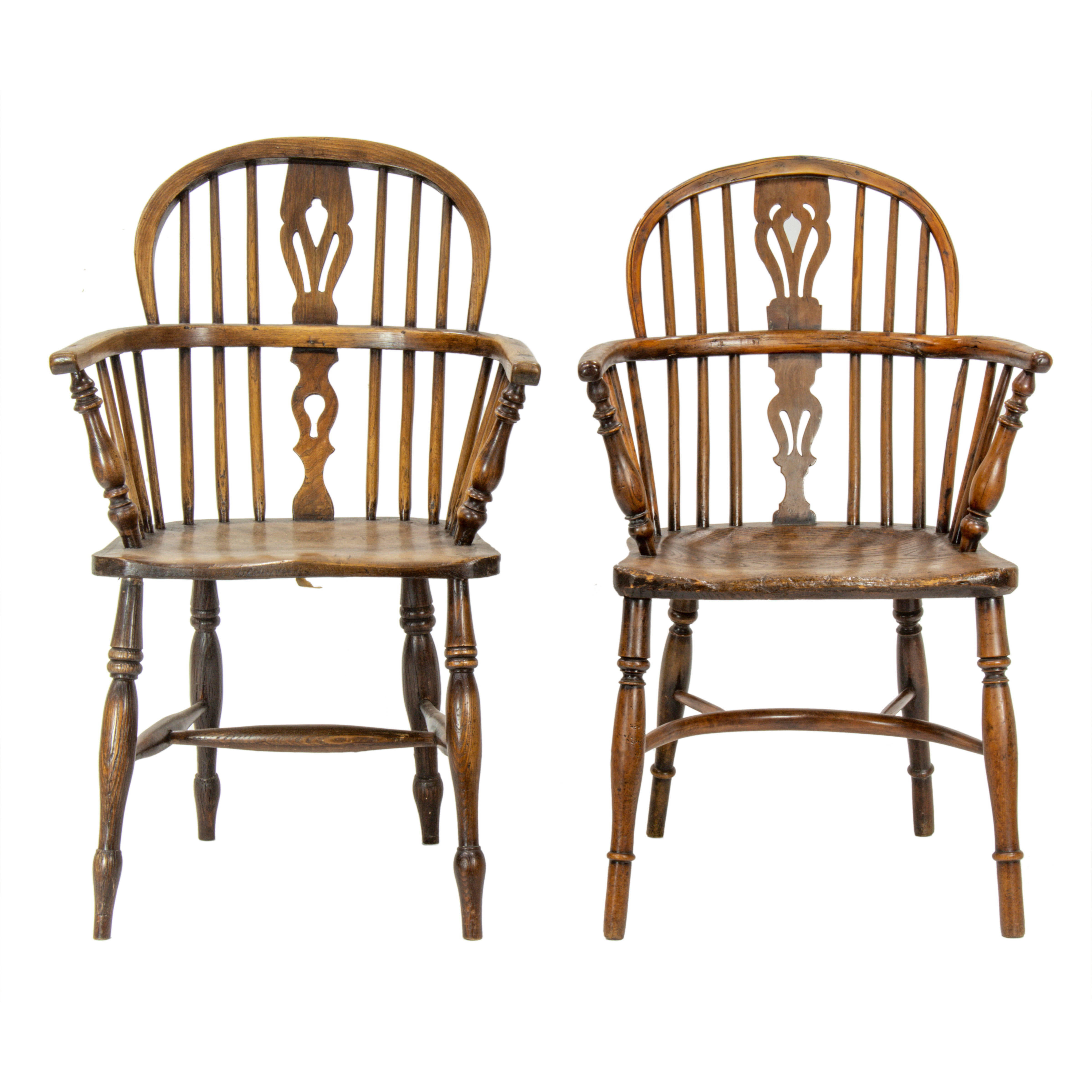 A PAIR OF ENGLISH BOW BACK ARMCHAIRS