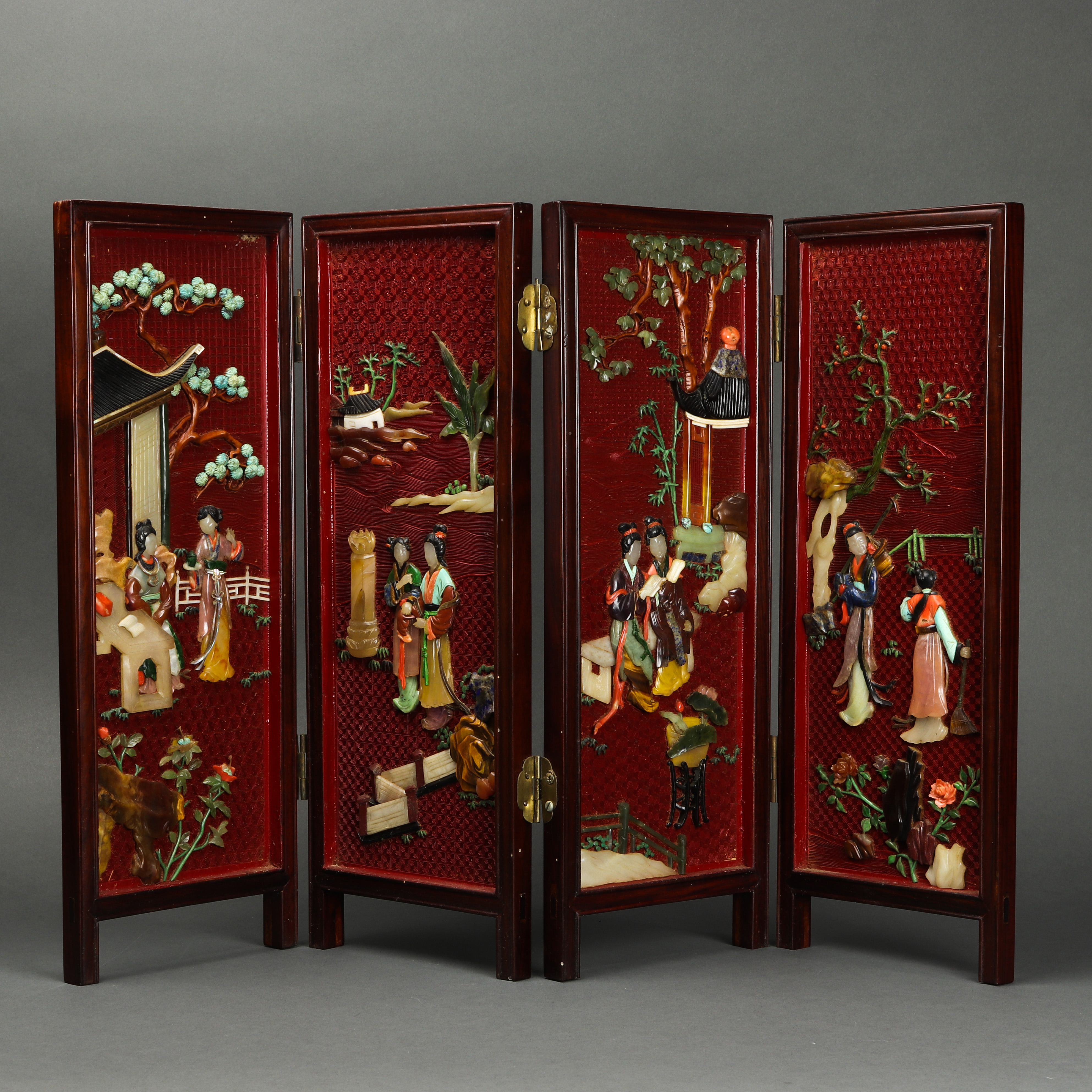 CHINESE FOUR PANEL GEMSTONE INLAID 3a354b