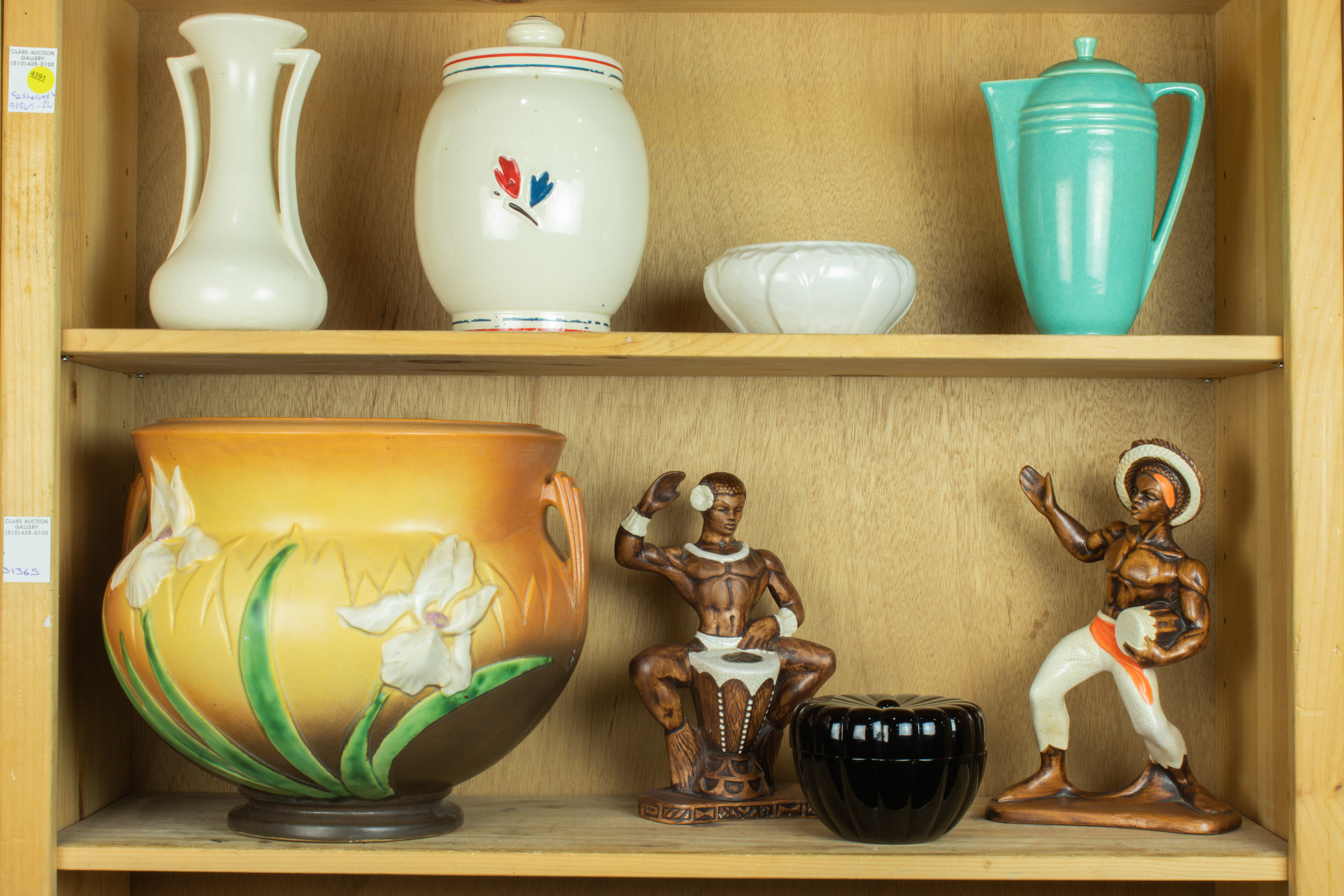 TWO SHELVES OF MOSTLY AMERICAN ART POTTERY