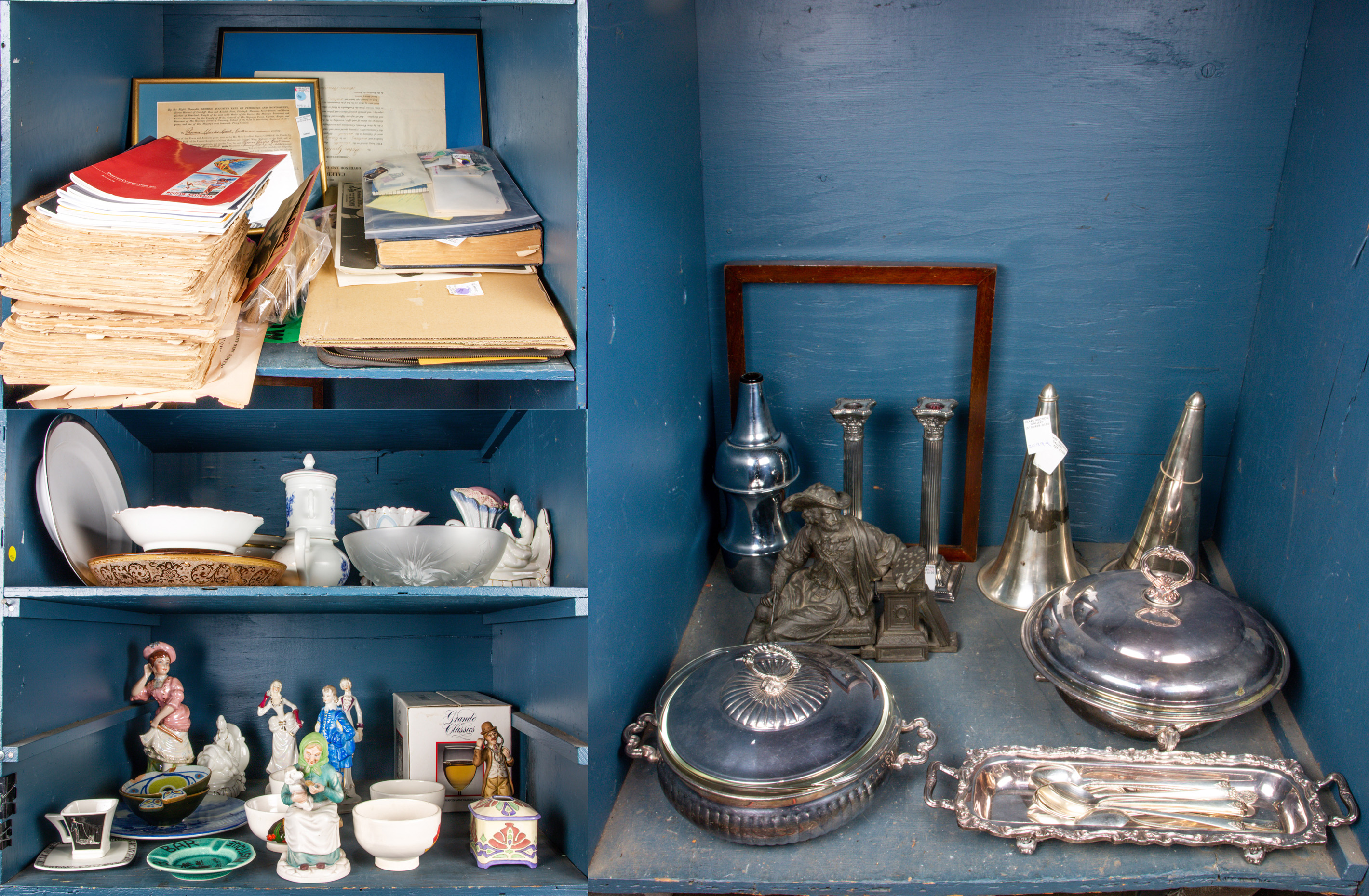 FOUR SHELVES OF ASSOCIATED DECORATIVES