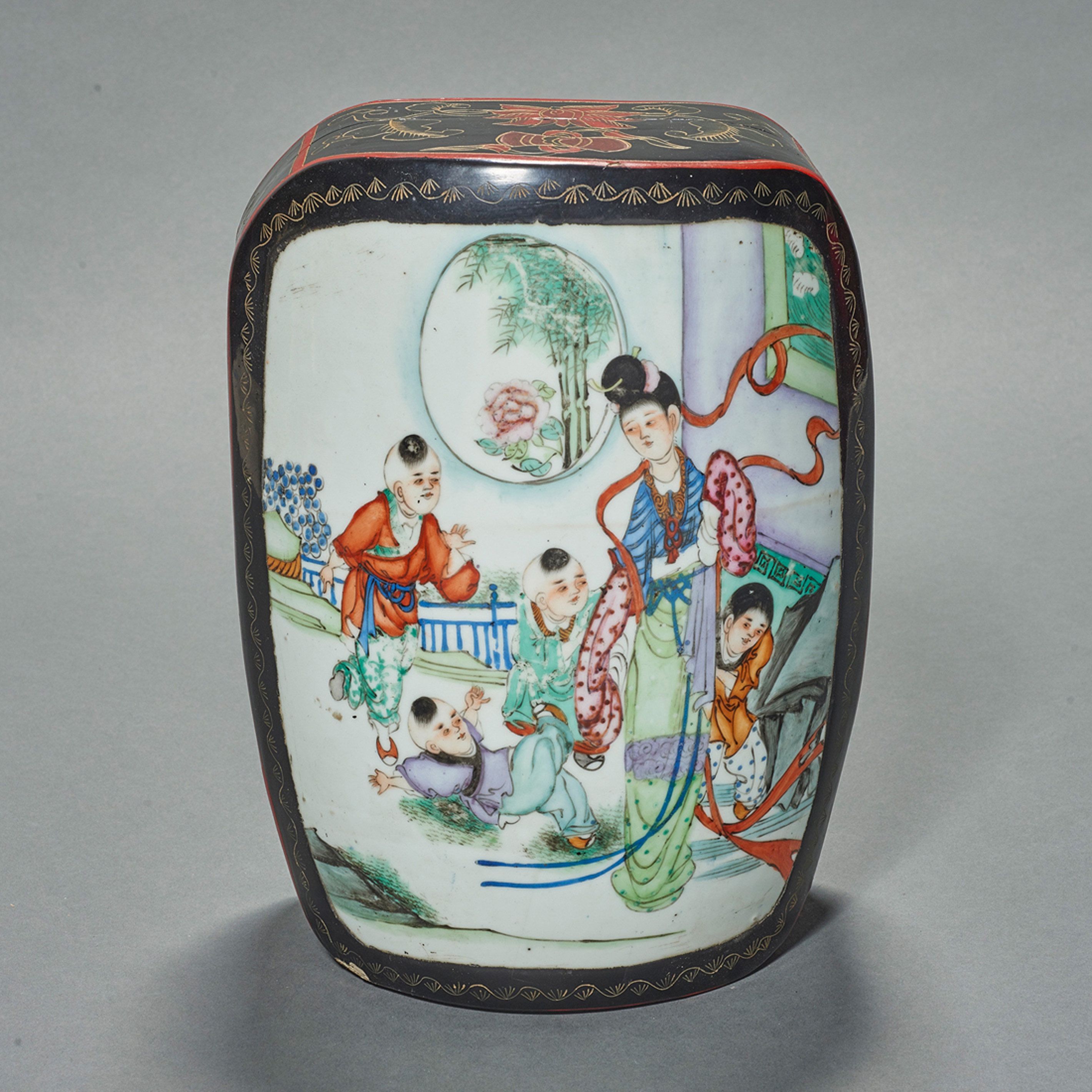 CHINESE LACQUERED BOX WITH PORCELAIN