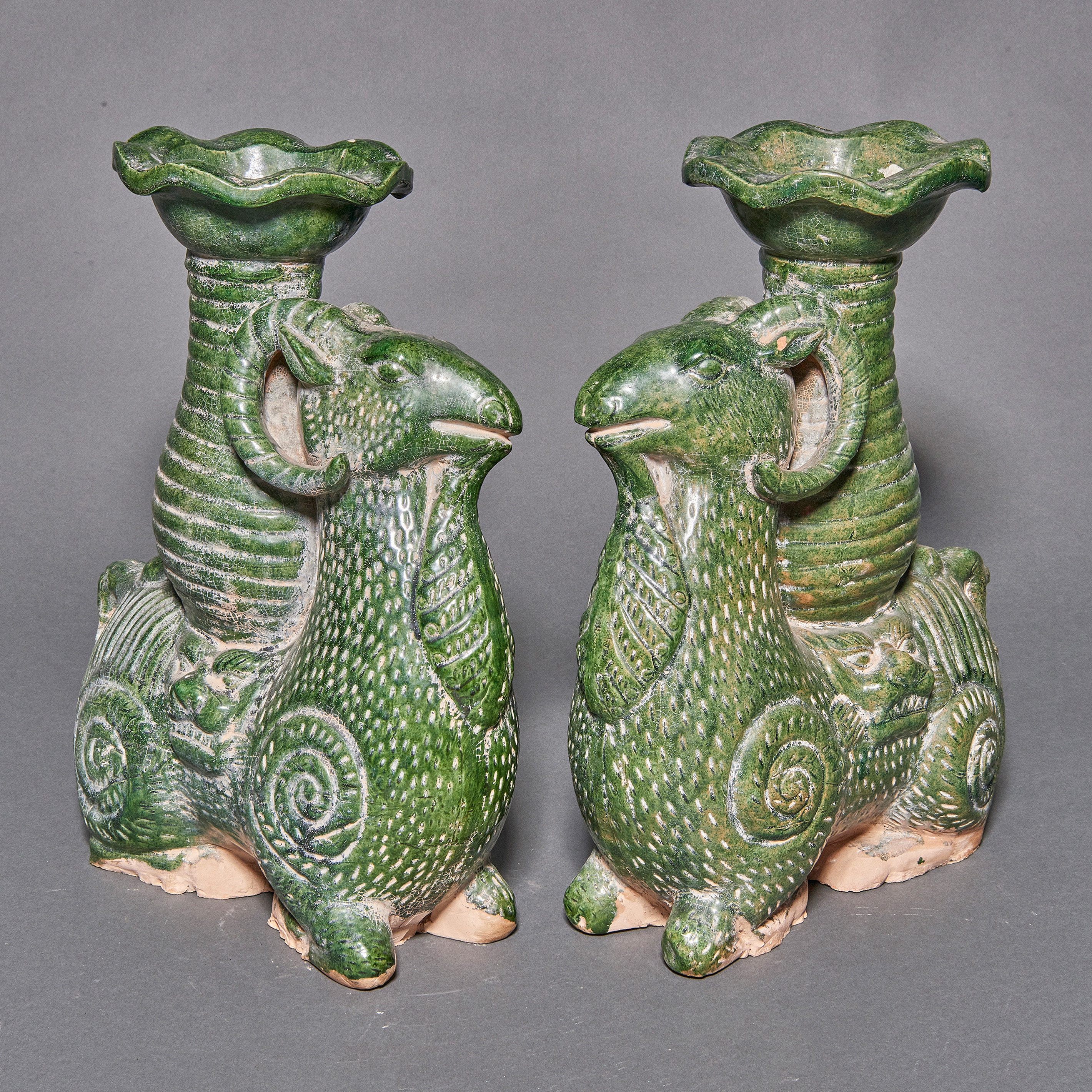 PAIR OF CHINESE GREEN LEAD GLAZED