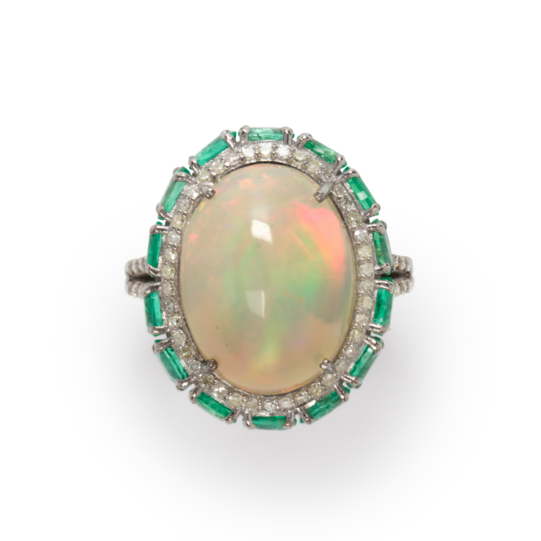 AN OPAL, EMERALD AND DIAMOND RING