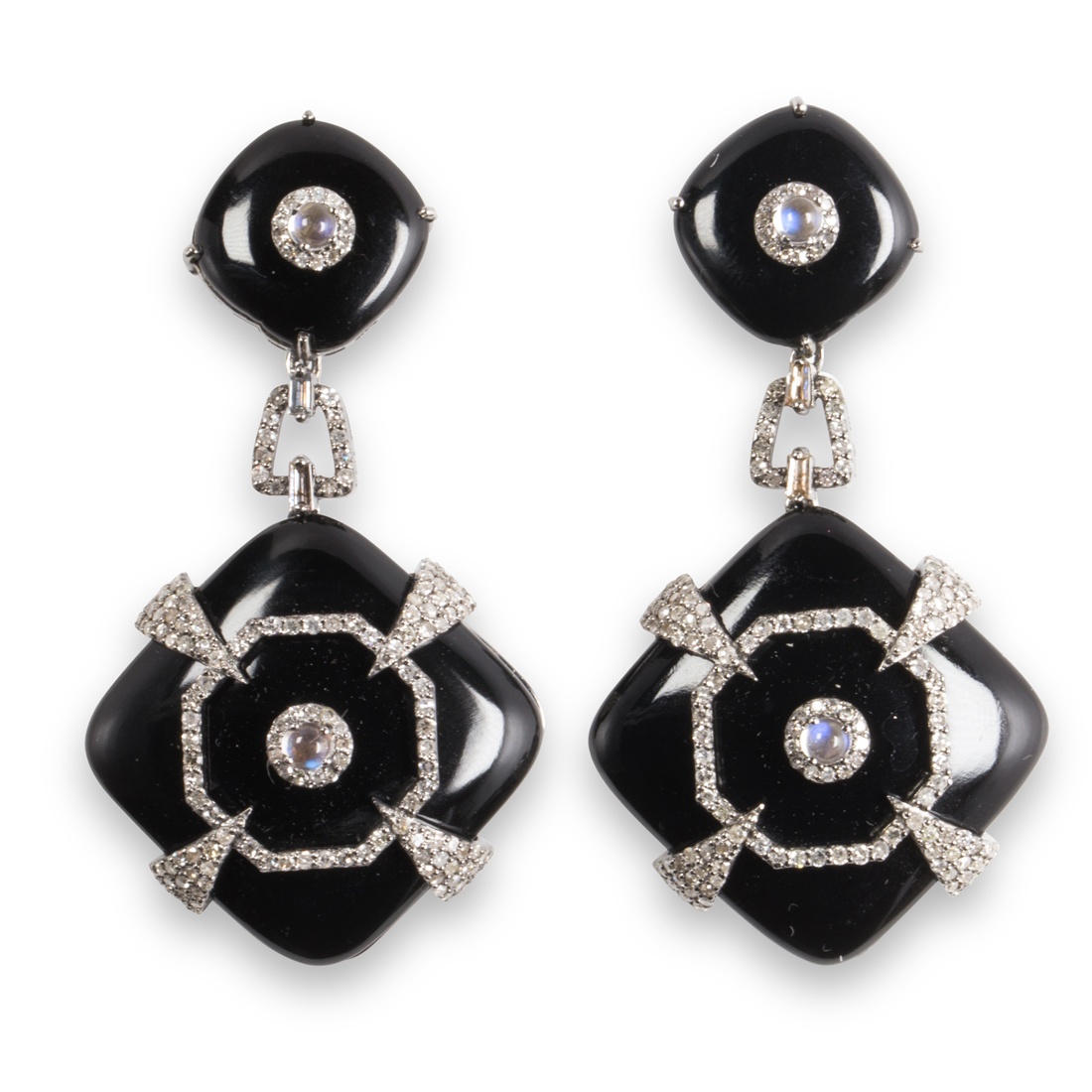 A PAIR OF BLACK CHALCEDONY MOONSTONE 3a383a