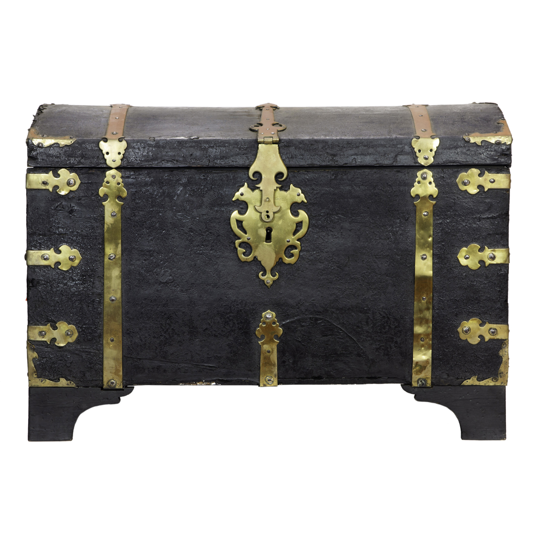 A GERMAN LEATHER AND BRASS CHEST