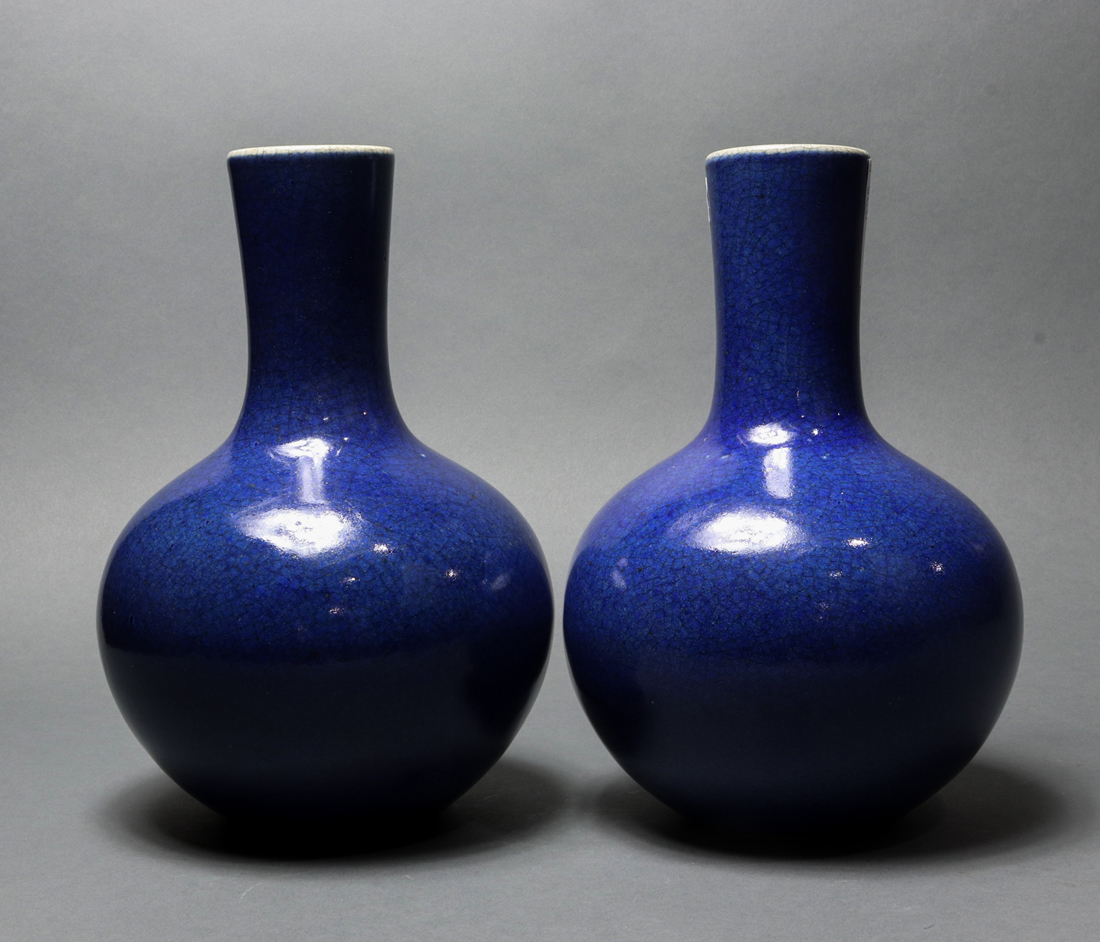 PAIR OF CHINESE BLUE CRACKLE GLAZED