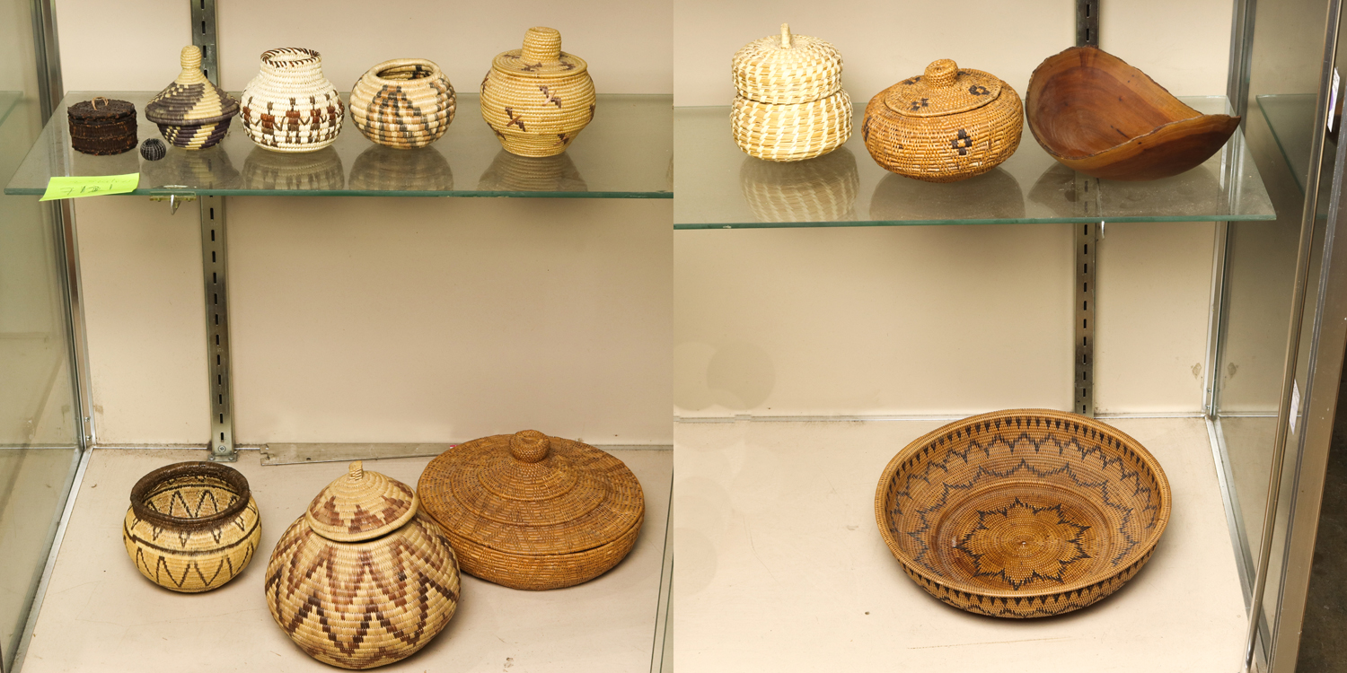 TWO SHELVES OF BASKETS, INCLUDING AFRICAN,