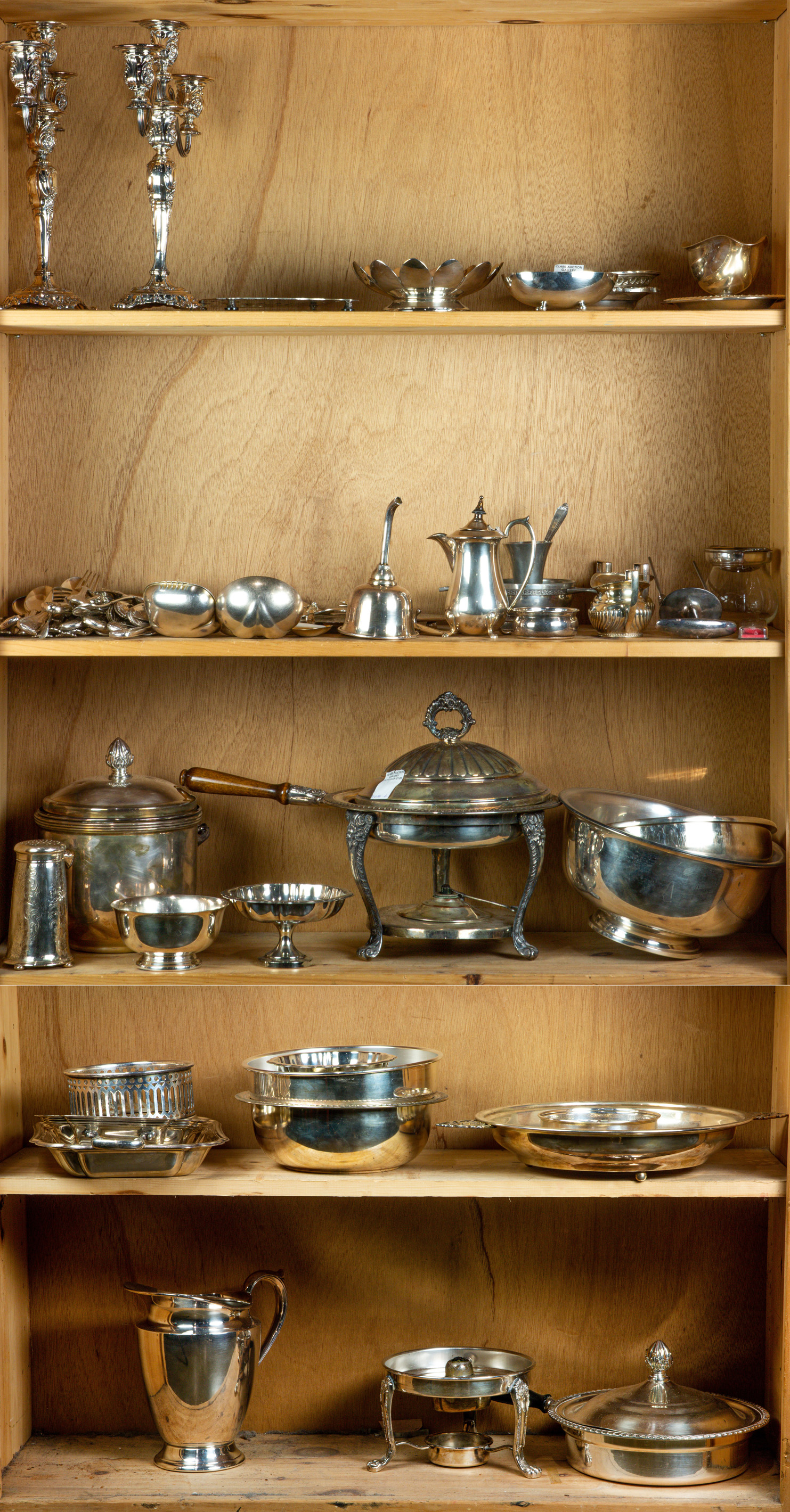 FIVE SHELVES OF SILVERPLATE INCLUDING