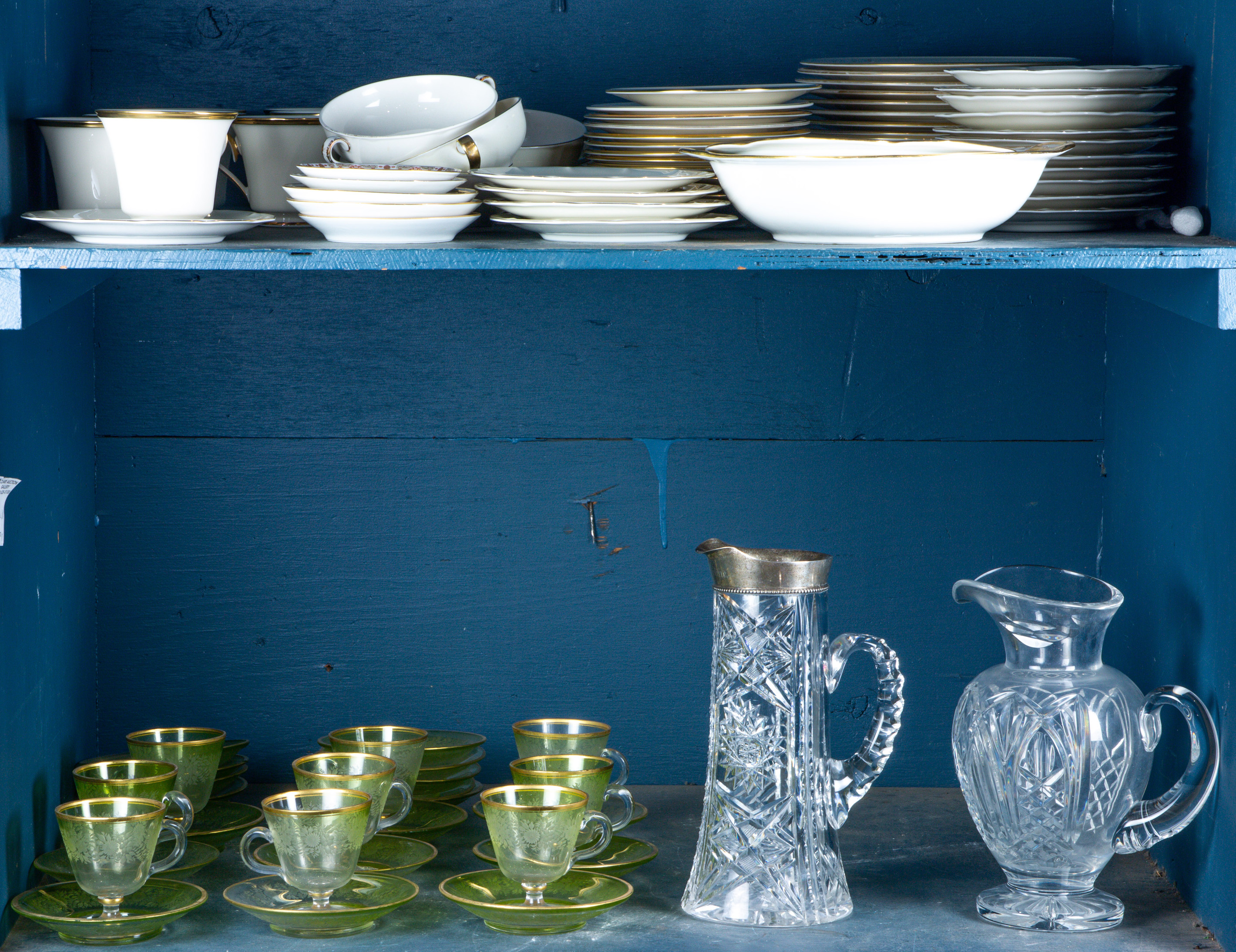 TWO SHELVES WITH LENOX GILT RIM CHINA;