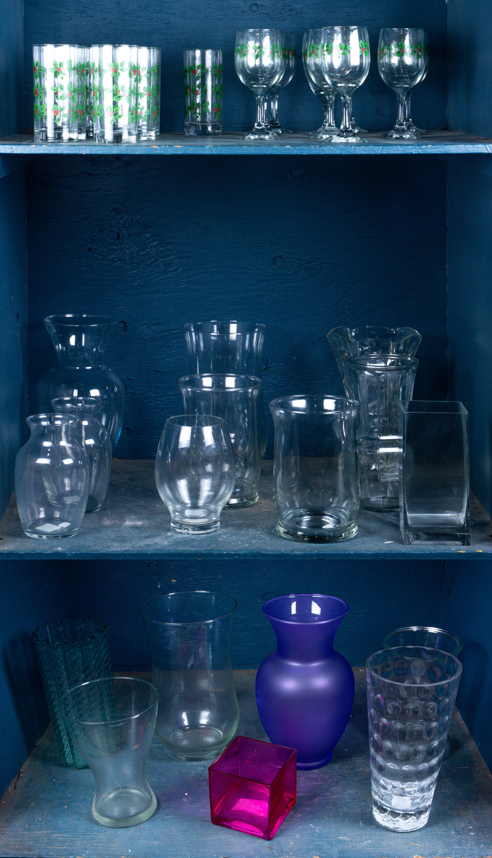 THREE SHELVES OF ASSOCIATED GLASSWARE