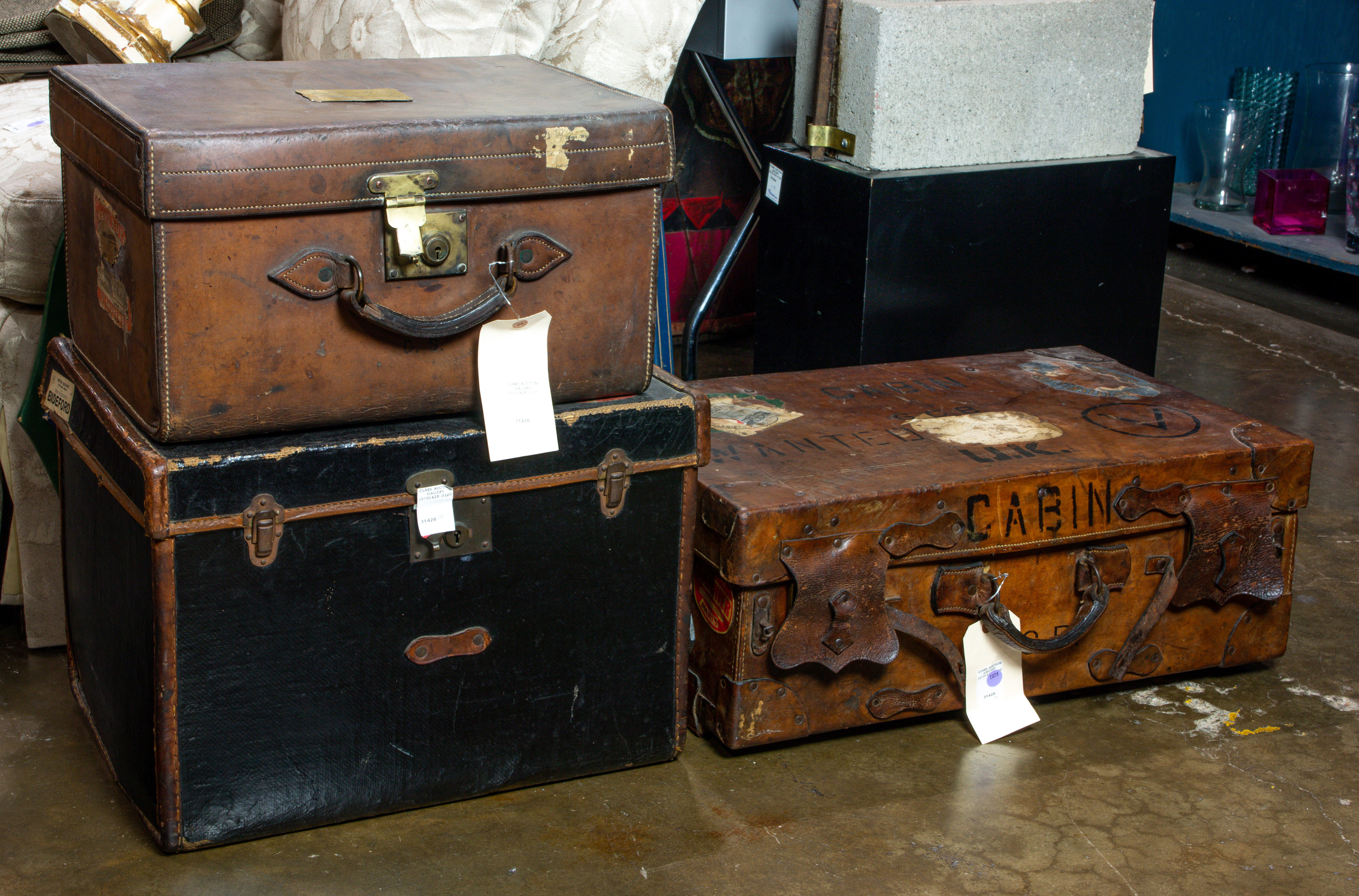 VINTAGE LEATHER TRUNK AND SUITCASES