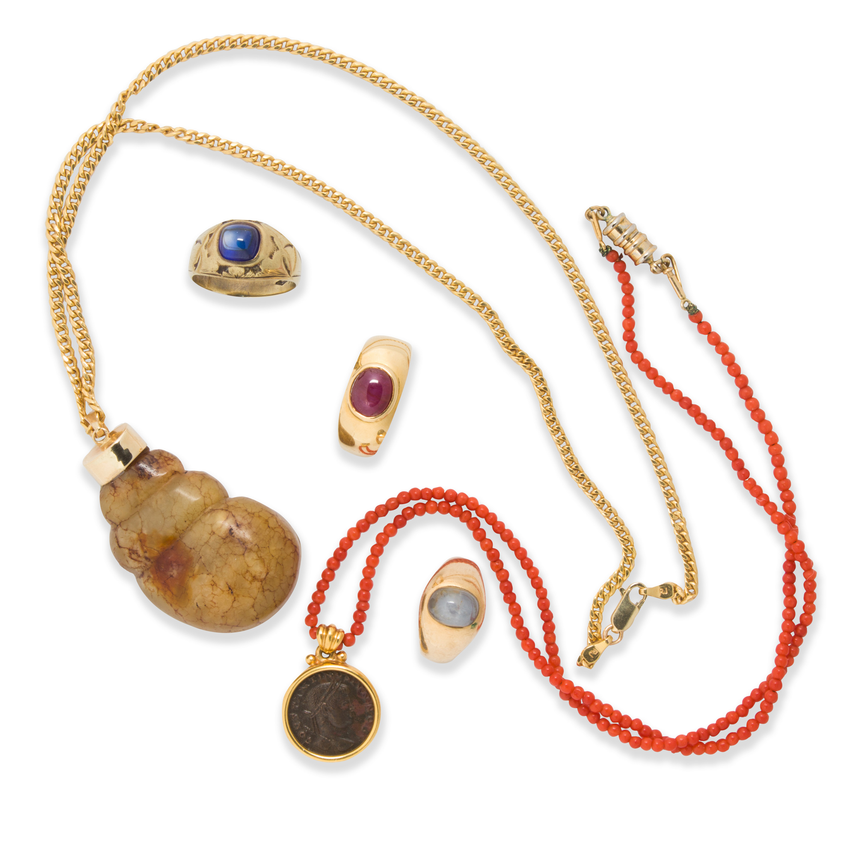 A GROUP OF GEMSTONE AND GOLD JEWELRY