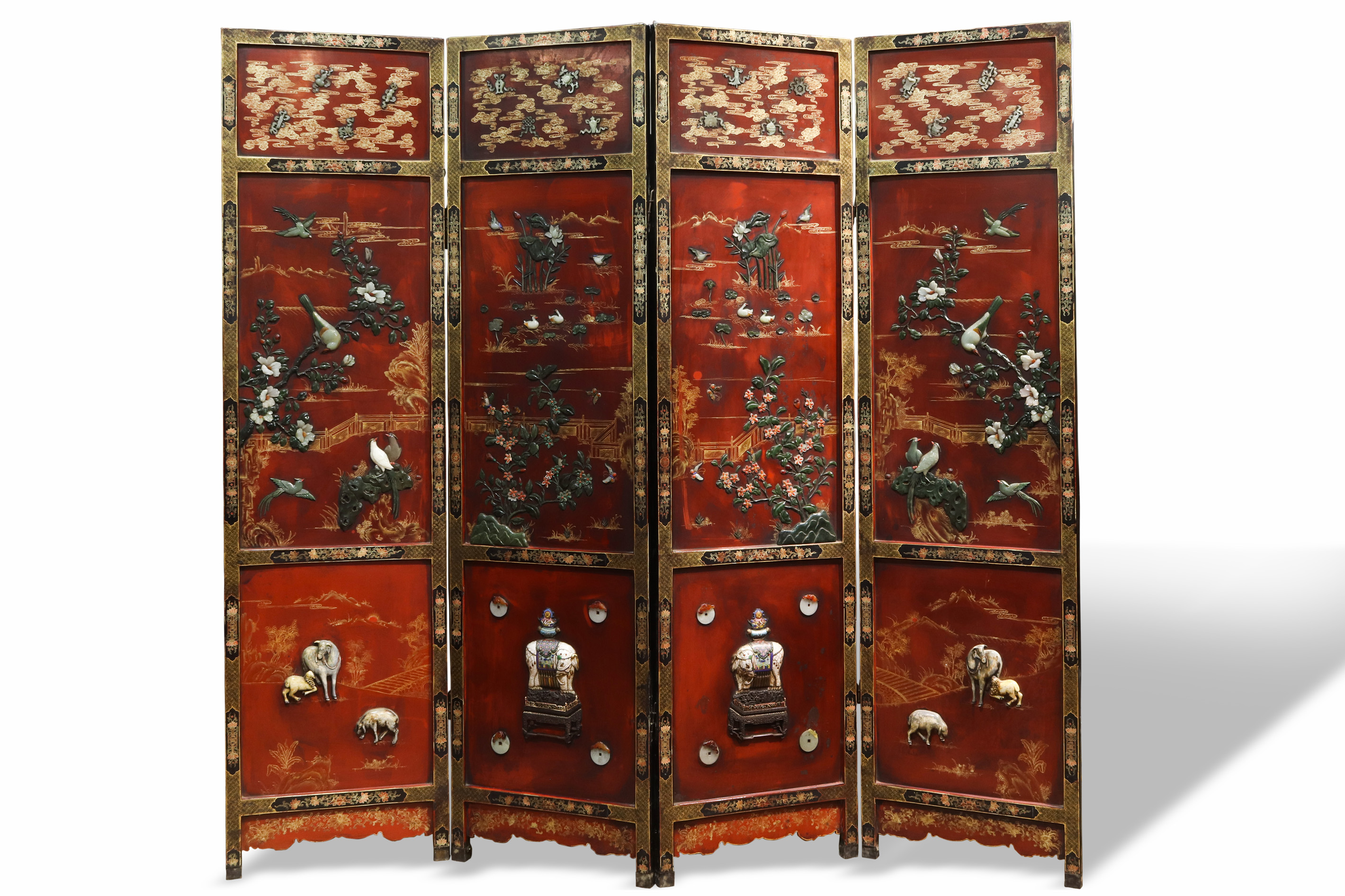 CHINESE FOUR PANEL OVERLAY GILT LACQUERED 3a430e