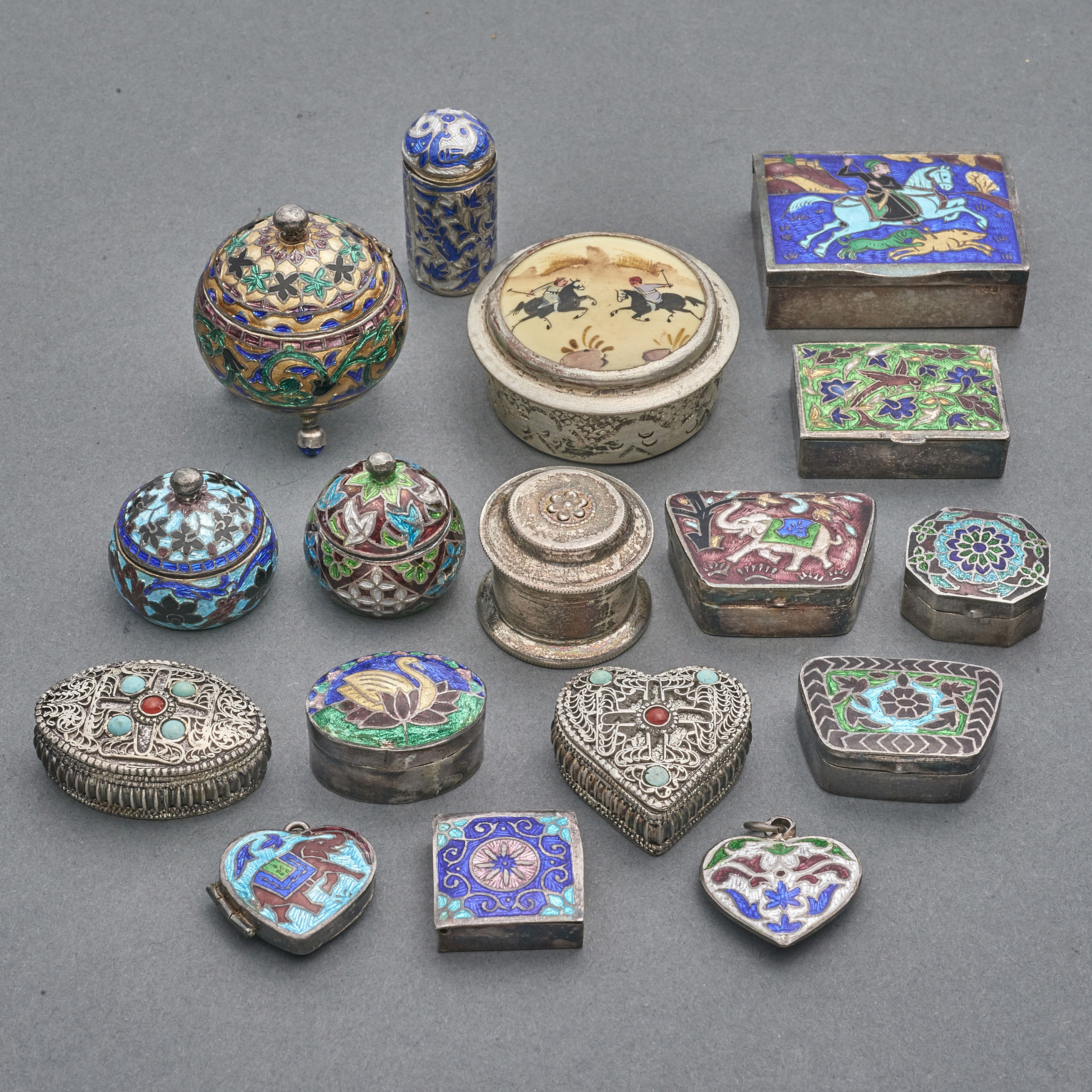 (LOT OF 17) SILVERED ENAMEL BOXES