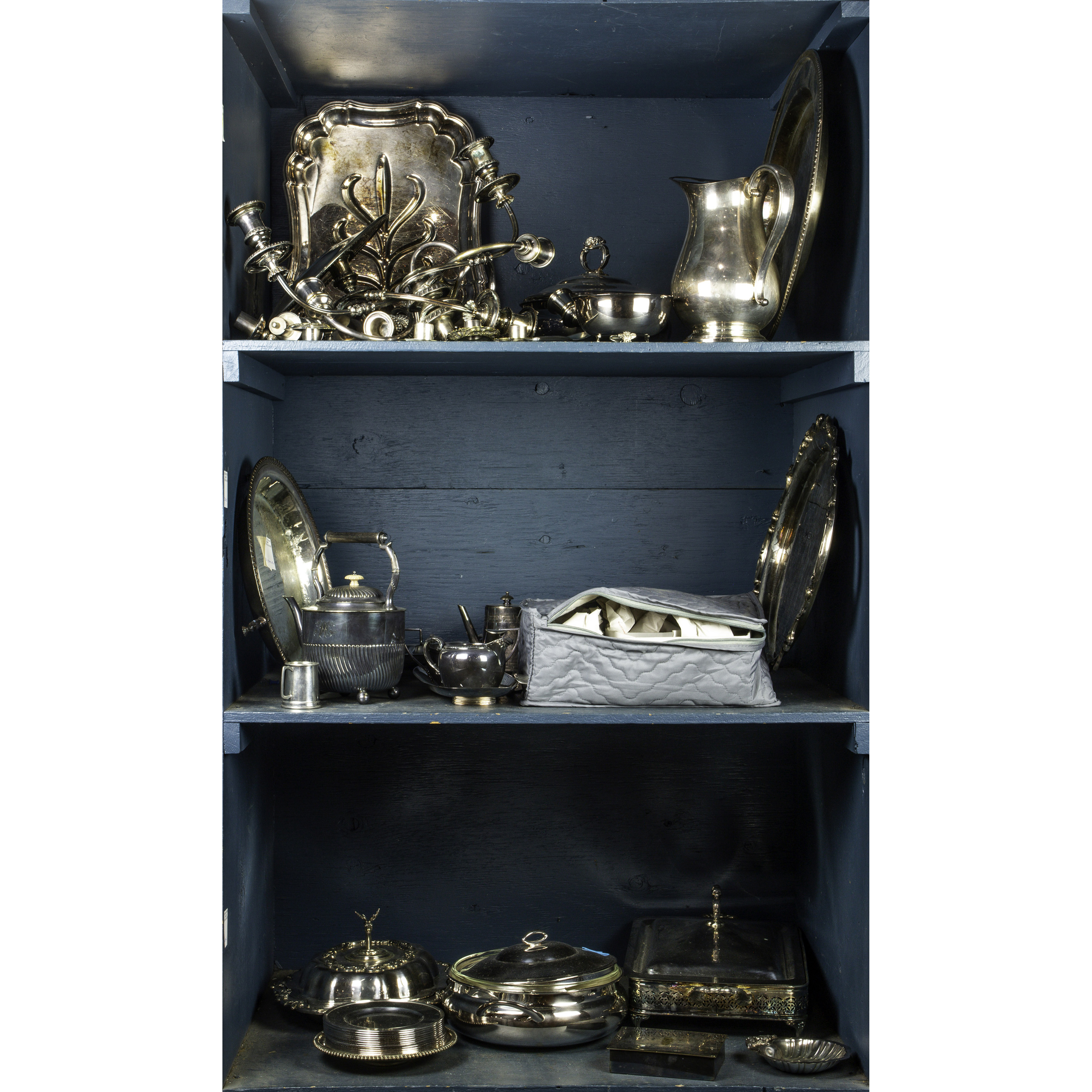 THREE SHELVES OF ASSOCIATED SILVER 3a43df