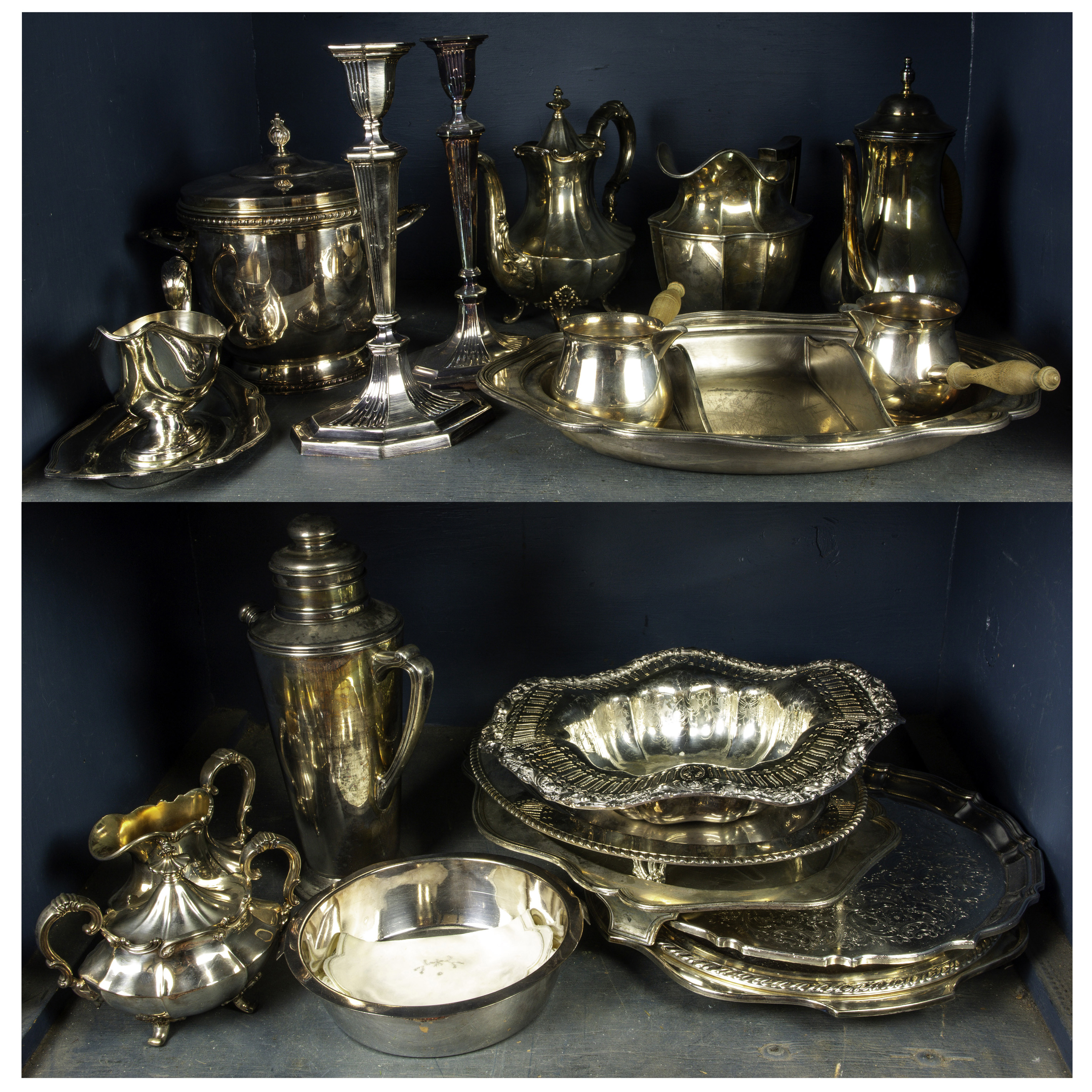 TWO SHELVES OF ASSOCIATED SILVERPLATE 3a43eb