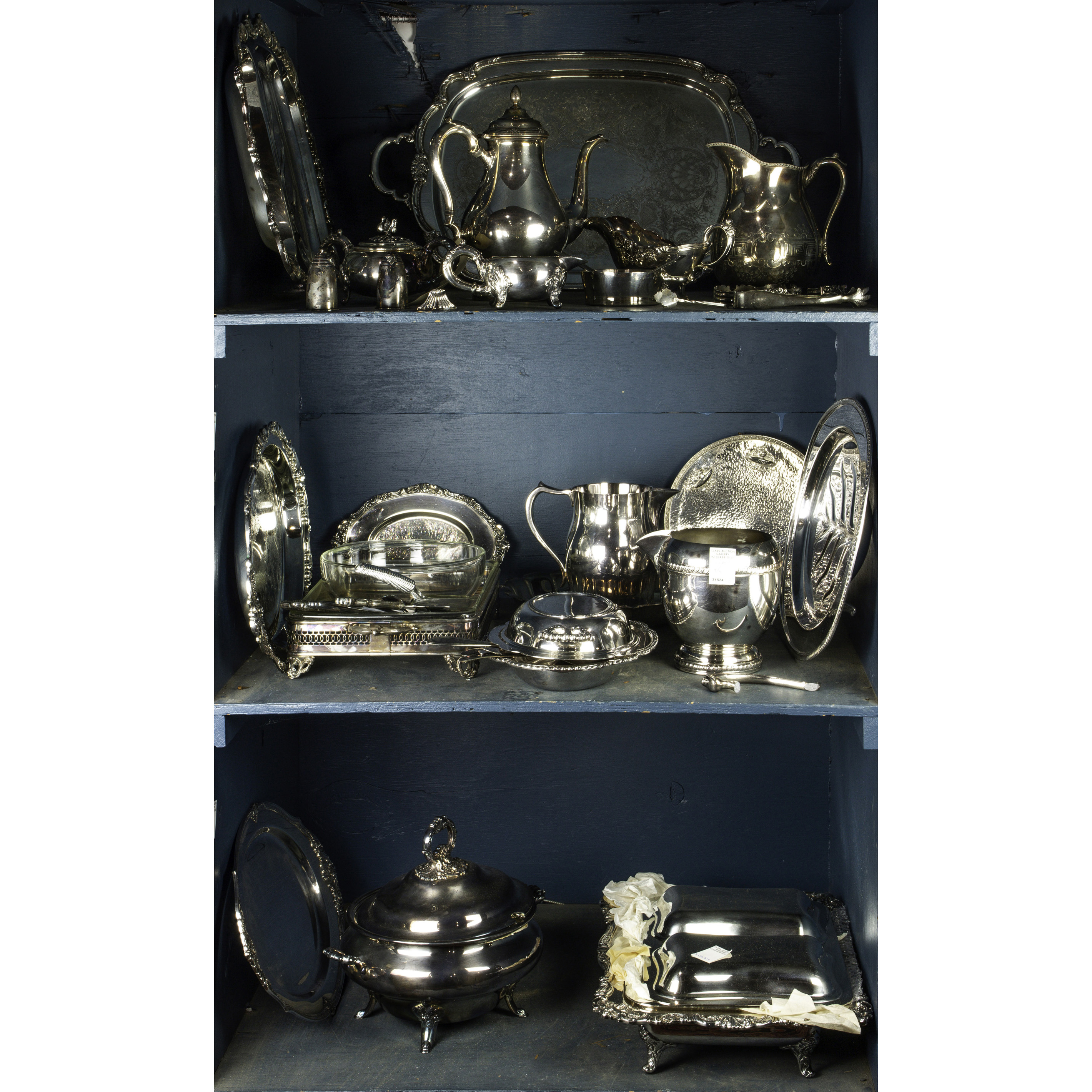 THREE SHELVES OF ASSOCIATED SILVERPLATE 3a43ee