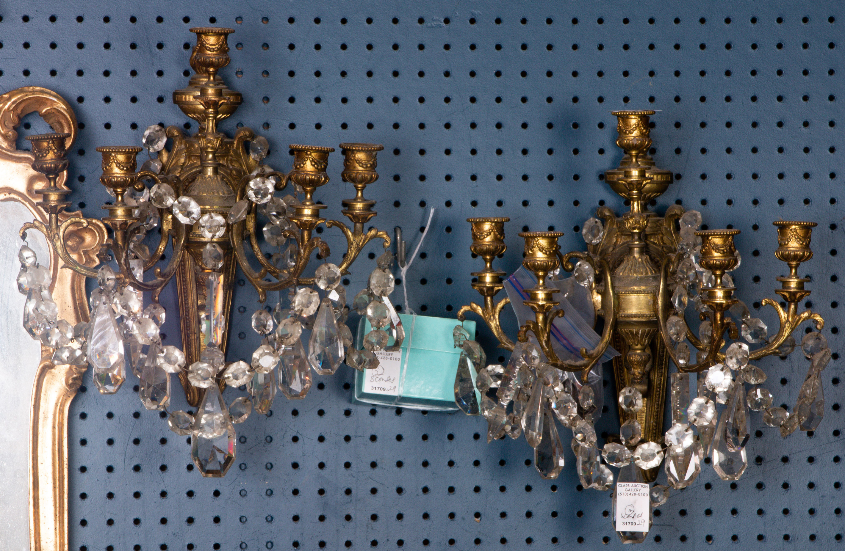 PAIR OF GILT AND CRYSTAL WALL SCONCES