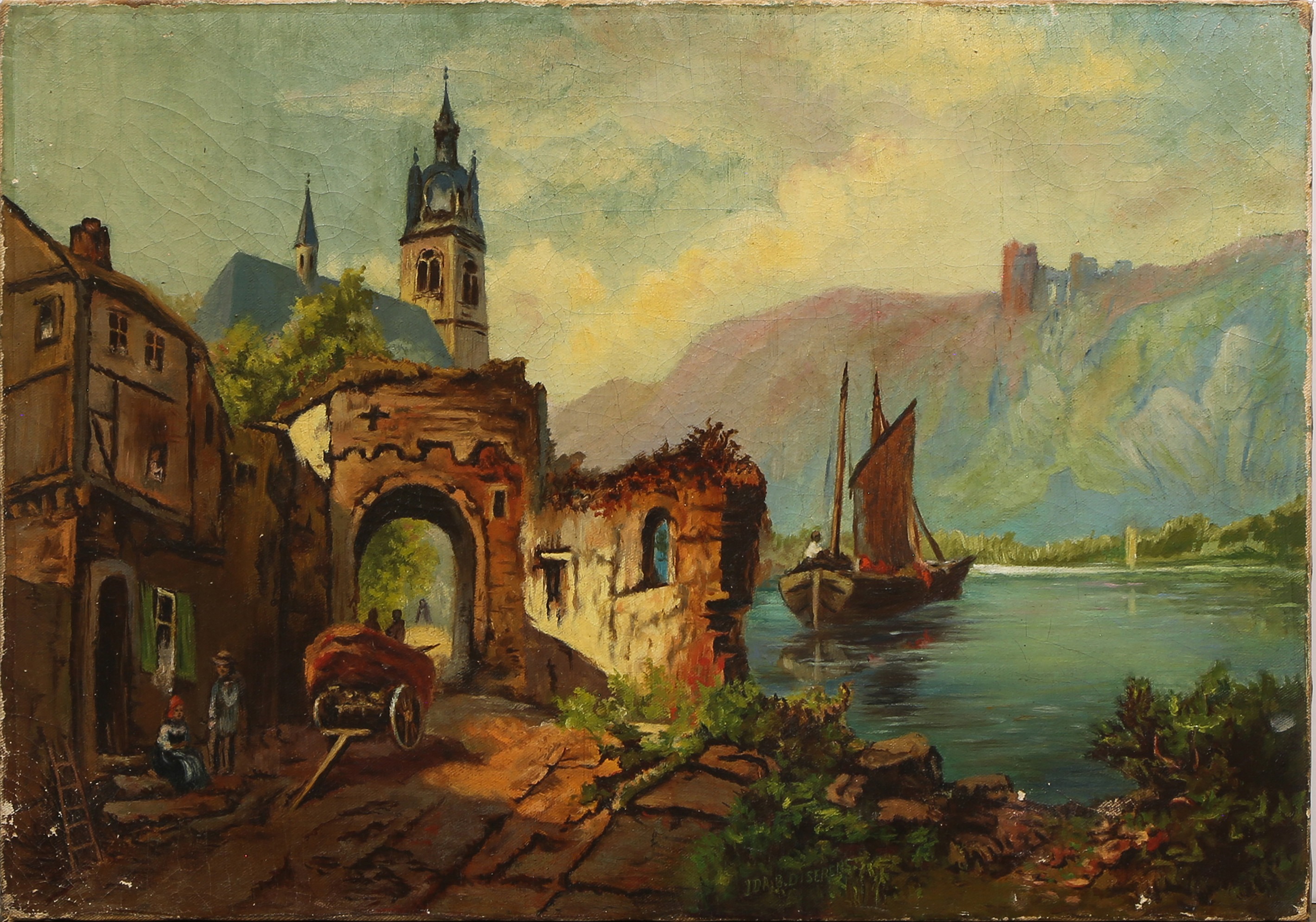 PAINTING, RUINS ON THE LAKE German