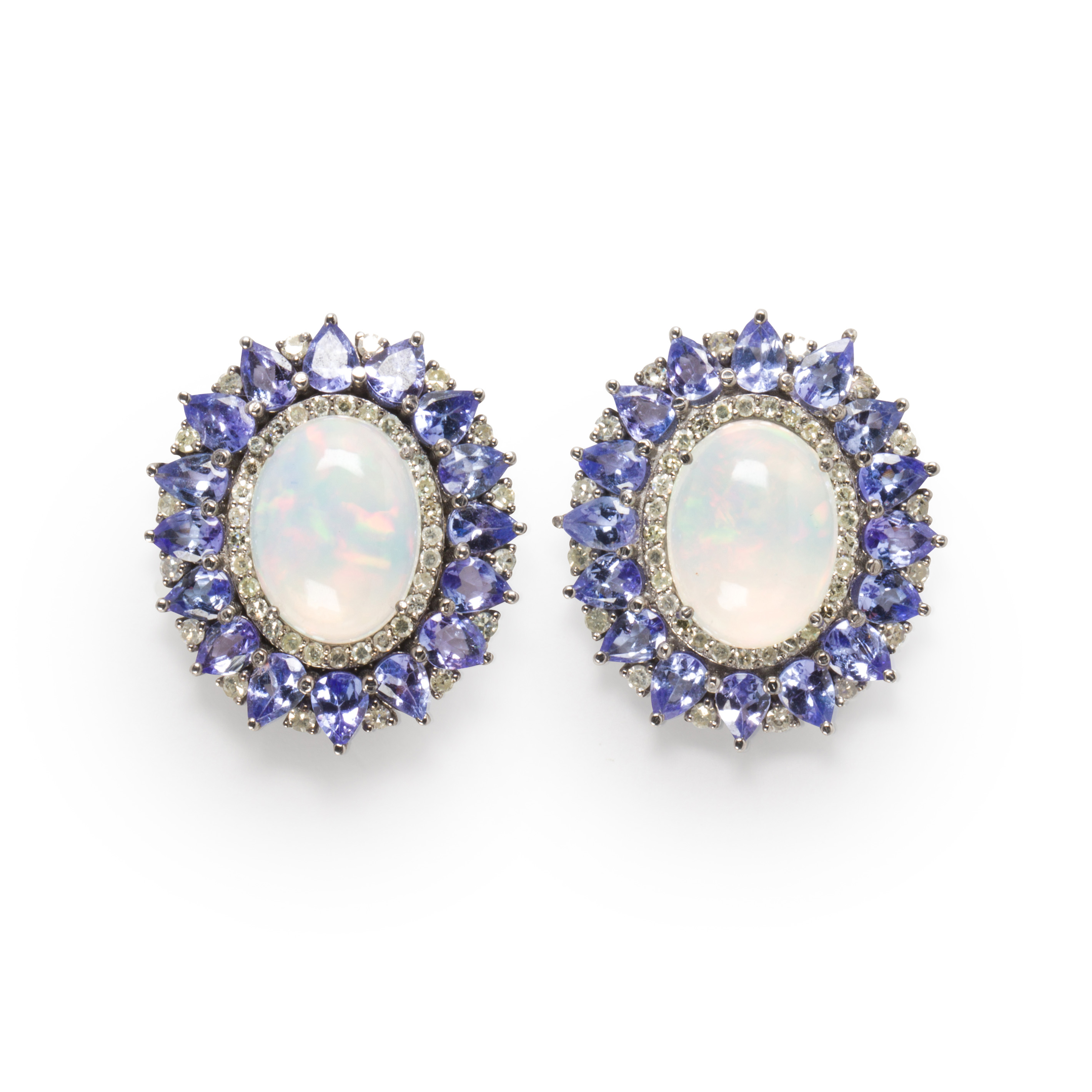 A PAIR OF OPAL, TANZANITE AND DIAMOND