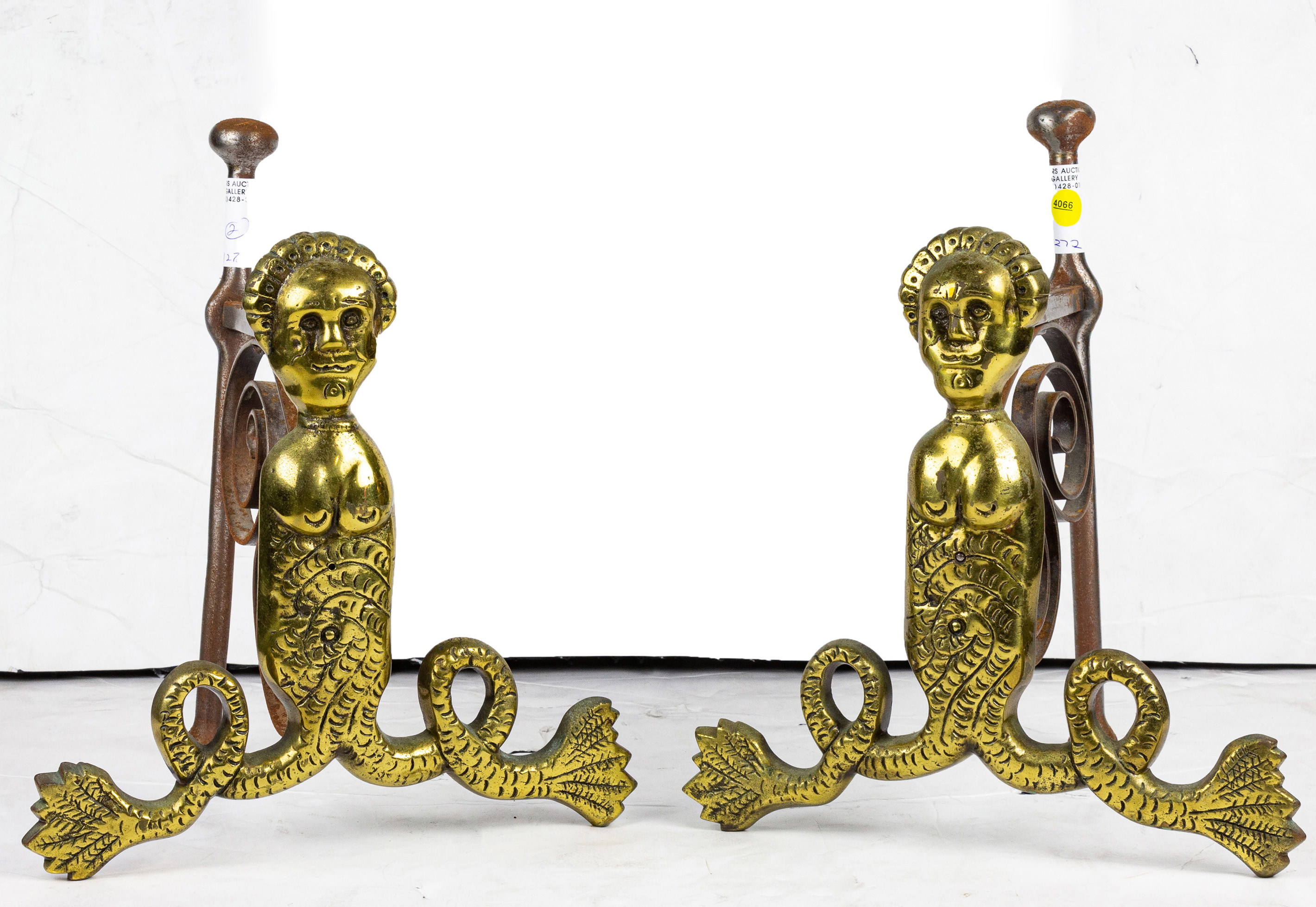 PAIR OF BRASS MERMAID FORM ANDIRONS