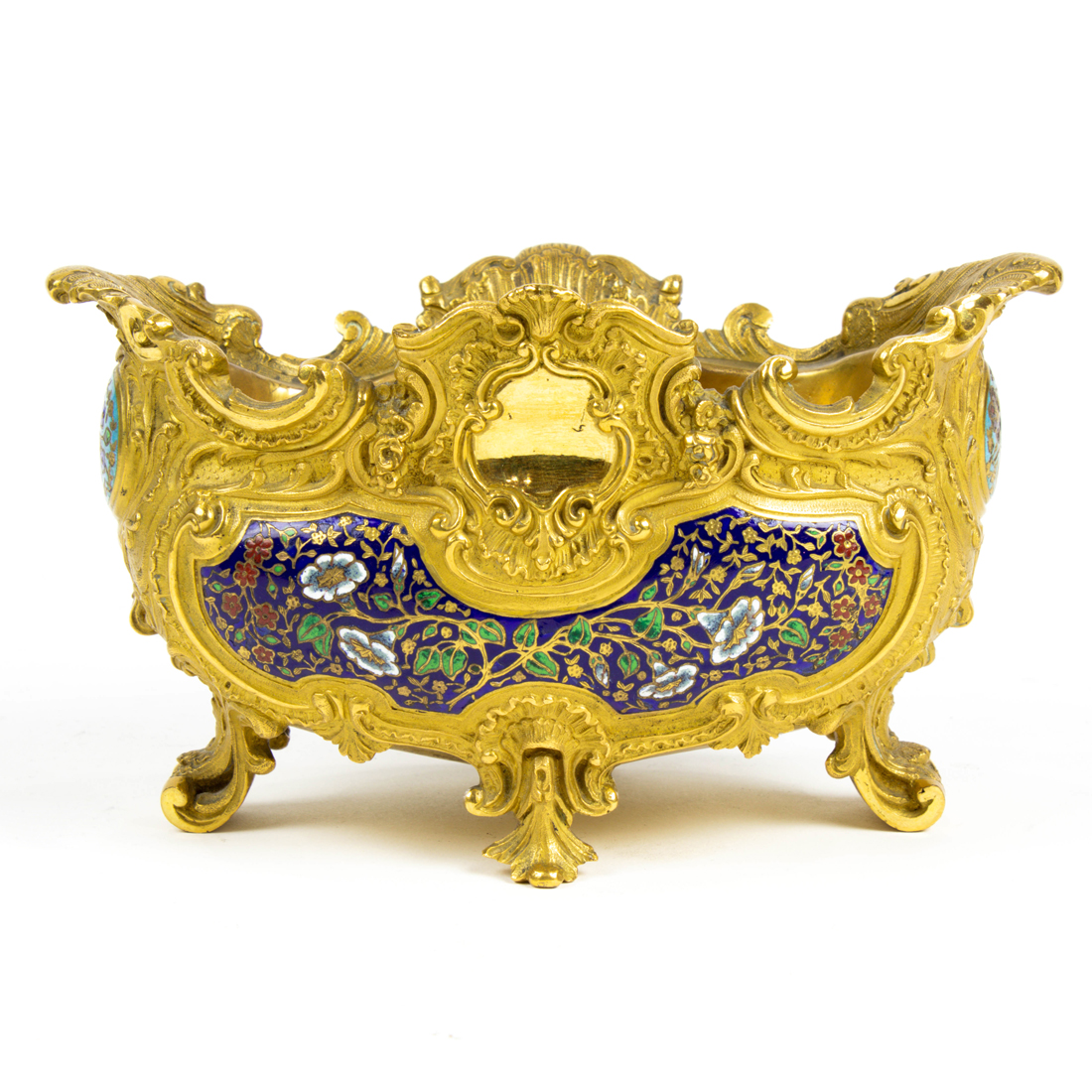 FRENCH CHAMPLEVE ENAMEL AND BRONZE FOOTED