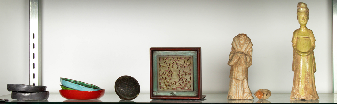 SHELF LOT OF MOSTLY CHINESE DECORATIONS