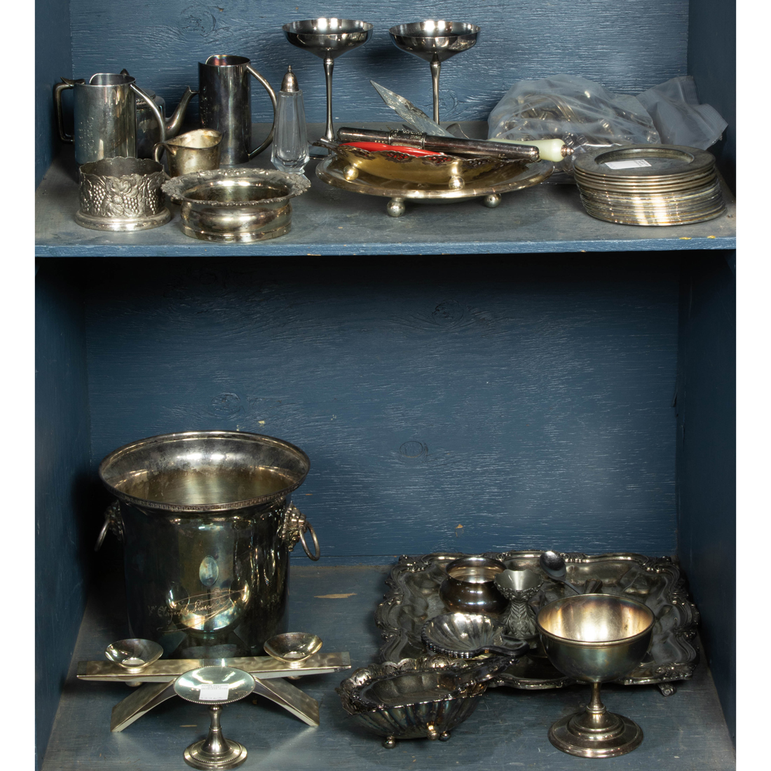 TWO SHELVES OF MOSTLY SILVER PLATE 3a2401