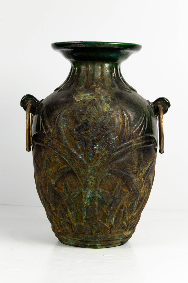 A TALL BRONZE MOUNTED POTTERY TWO-HANDLED