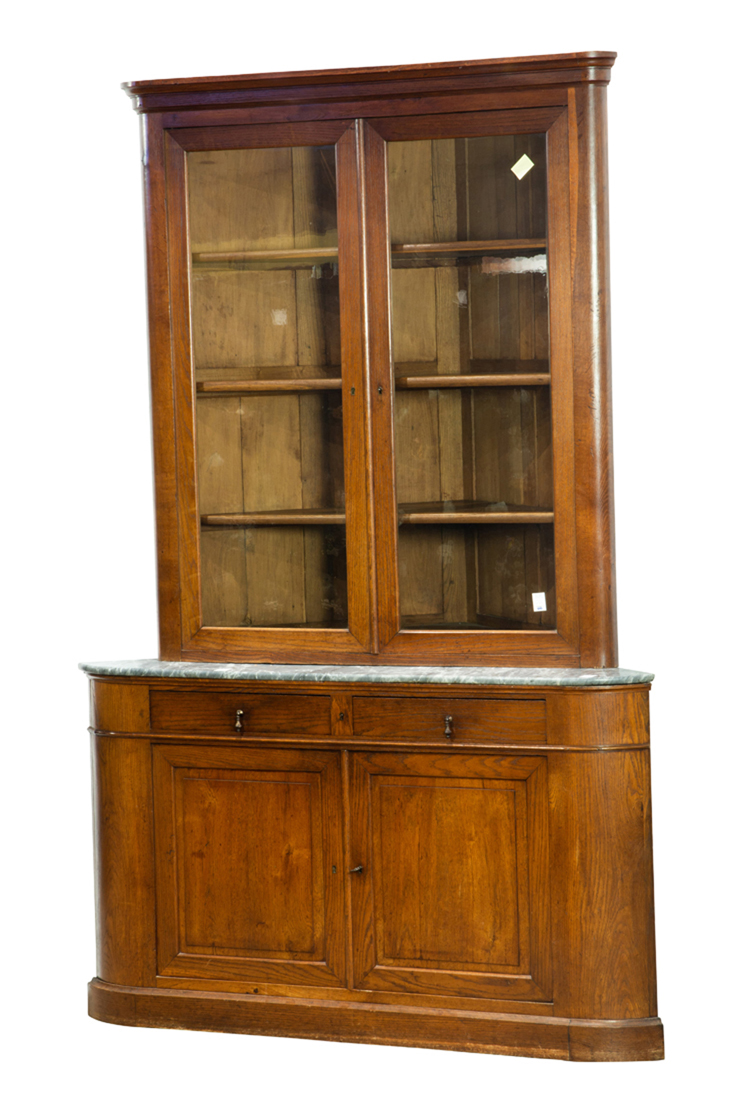 A FRENCH MARBLE TOP CORNER VITRINE 3a243a