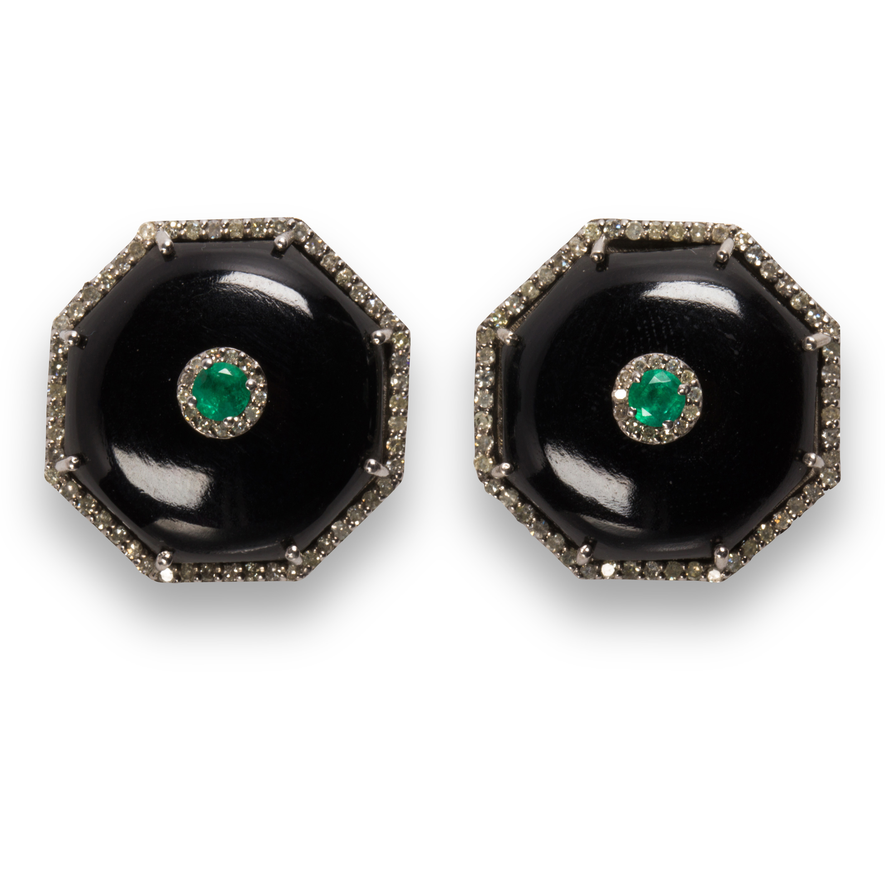 A PAIR OF ONYX, DIAMOND AND EMERALD