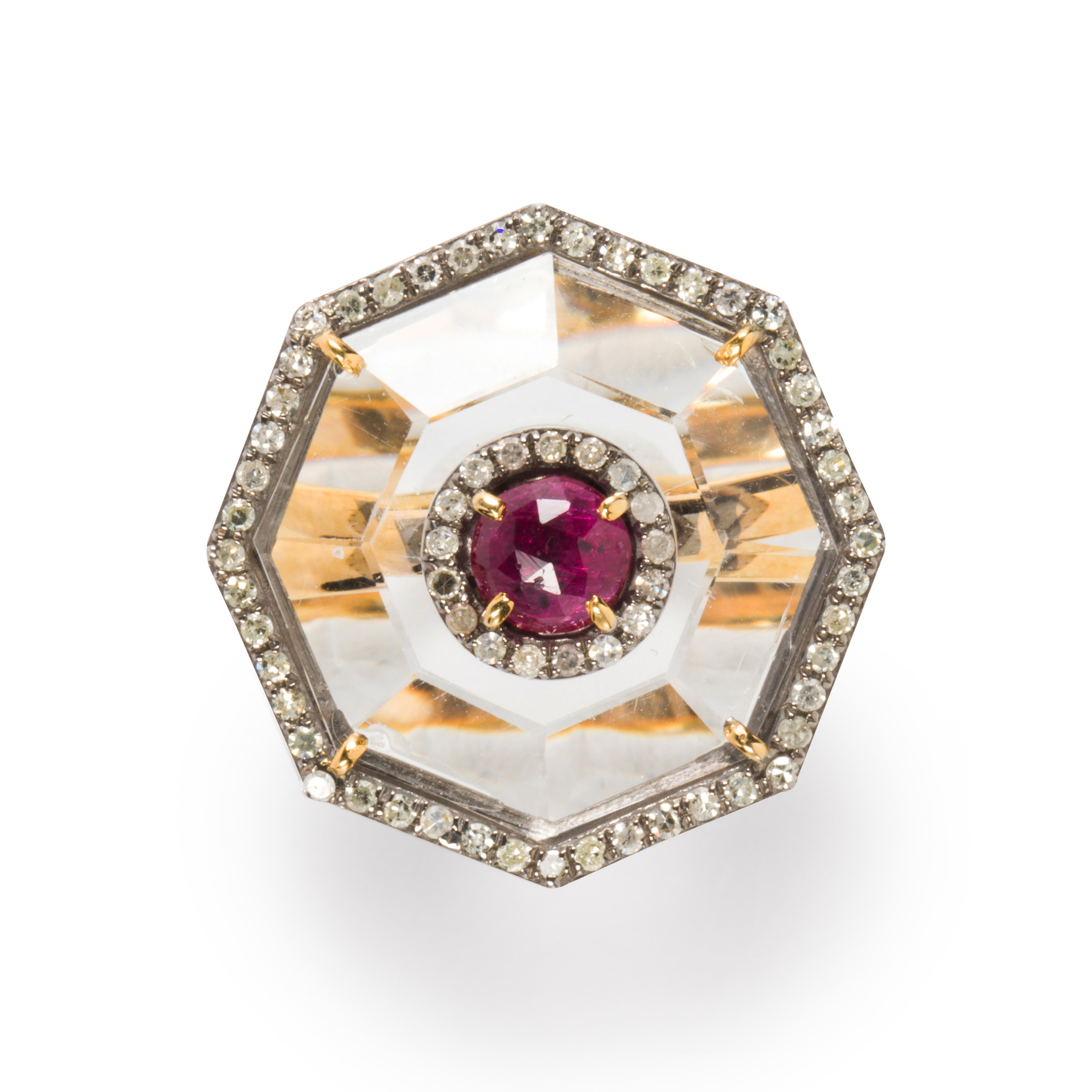 A ROCK CRYSTAL, RUBY AND DIAMOND RING