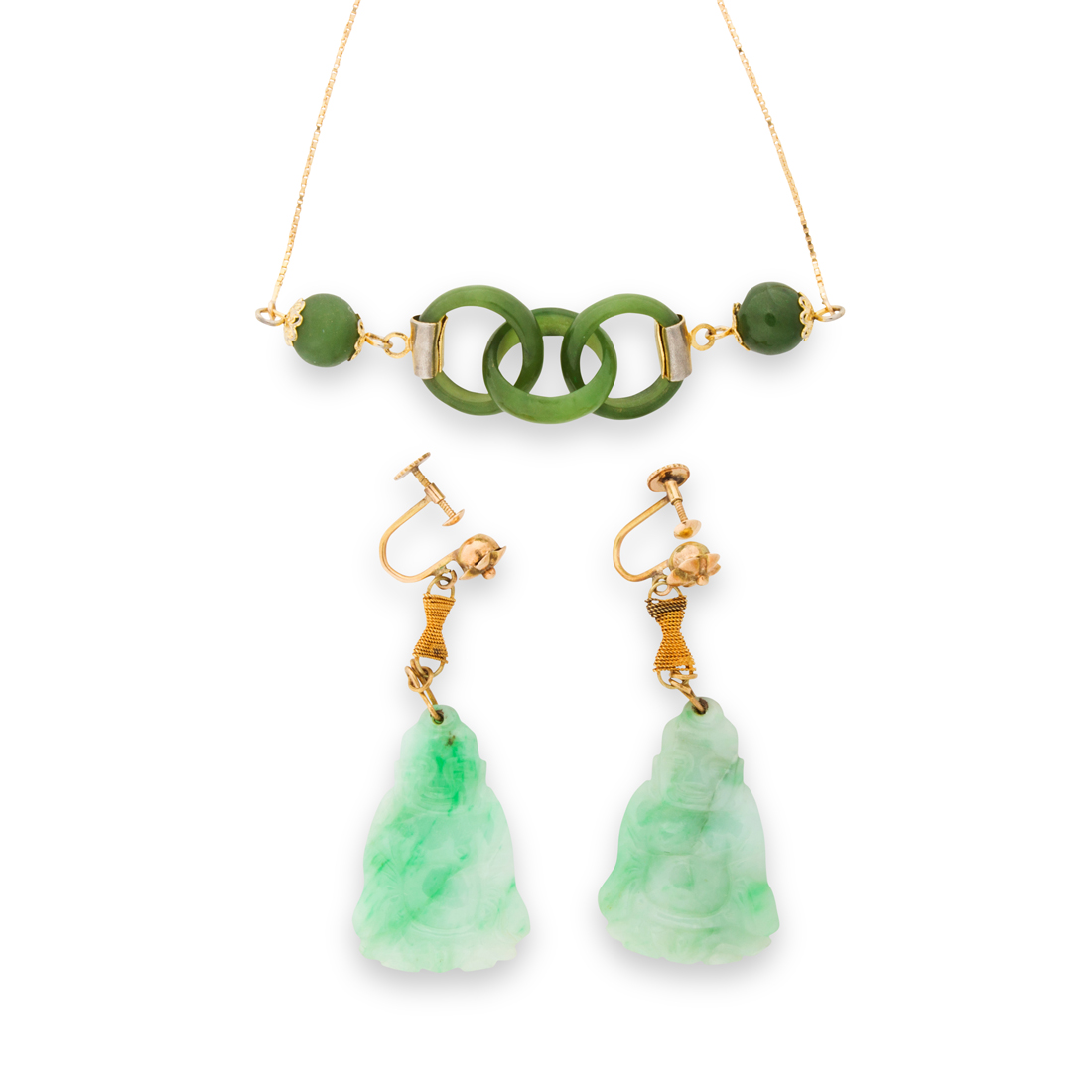 A GROUP OF JADE AND GOLD JEWELRY