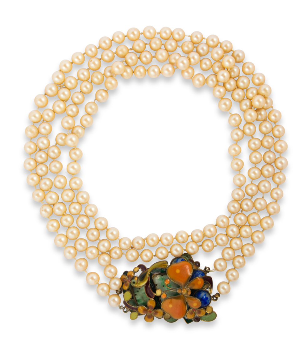 A FAUX PEARL ENAMEL AND HARDSTONE 3a2752