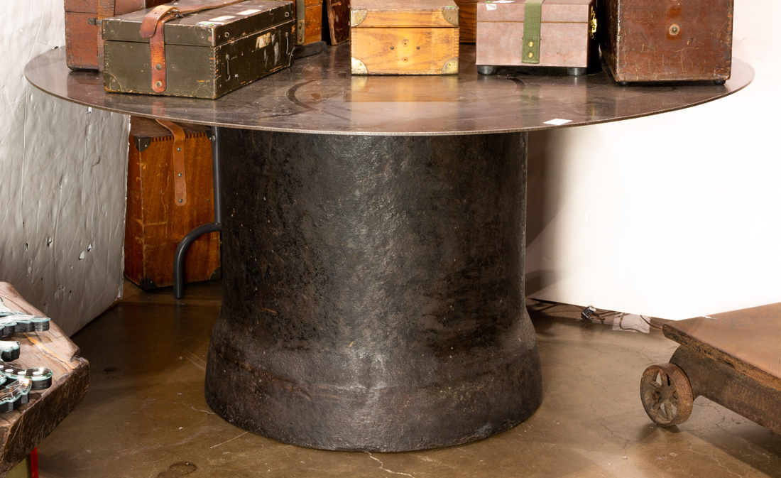 A REPURPOSED TWO PART METAL TABLE,