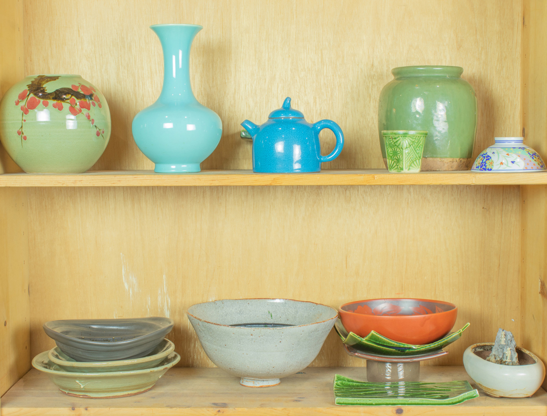 TWO SHELVES OF ASIAN CERAMIC AND 3a2aa5
