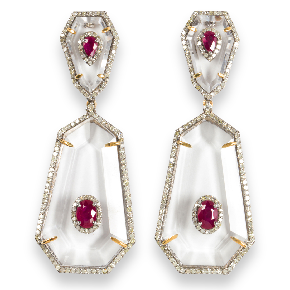 A PAIR OF ROCK CRYSTAL, RUBY AND