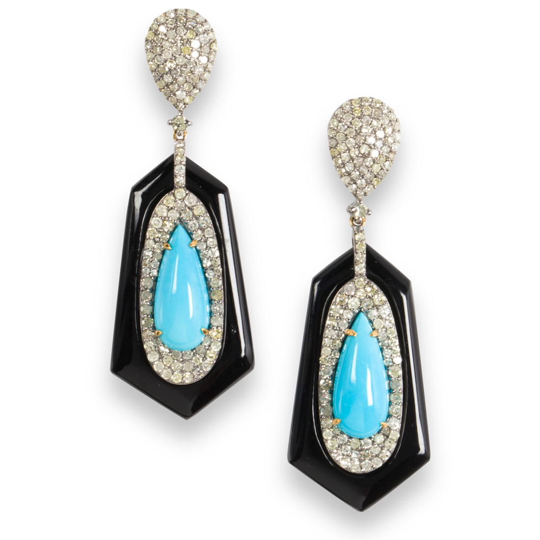 A PAIR OF TURQUOISE, BLACK CHALCEDONY,