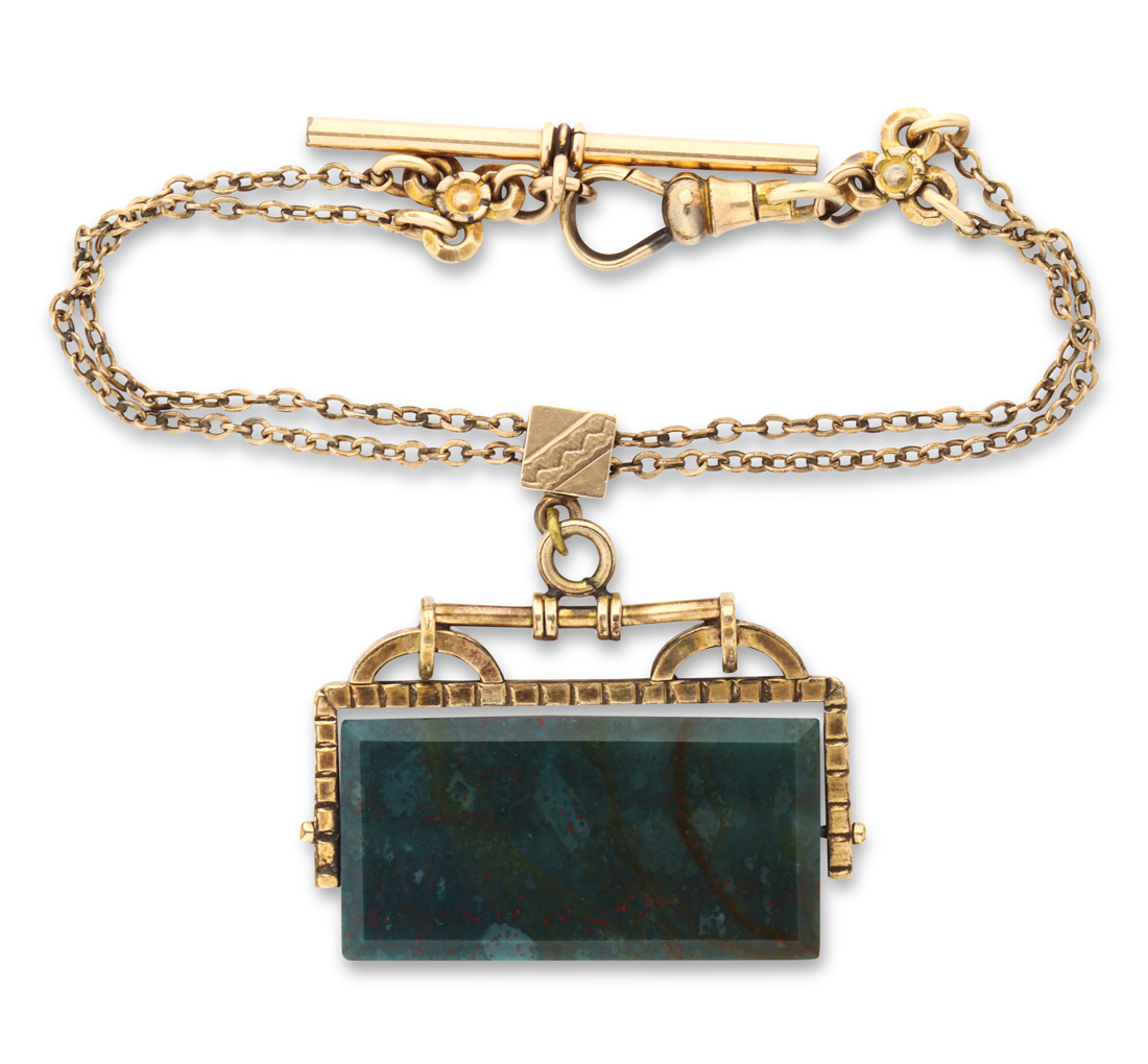 A BLOODSTONE AND GOLD-FILLED WATCH FOB