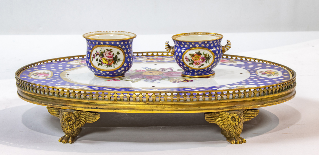 A SEVRES STYLE PORCELAIN GILT BRONZE