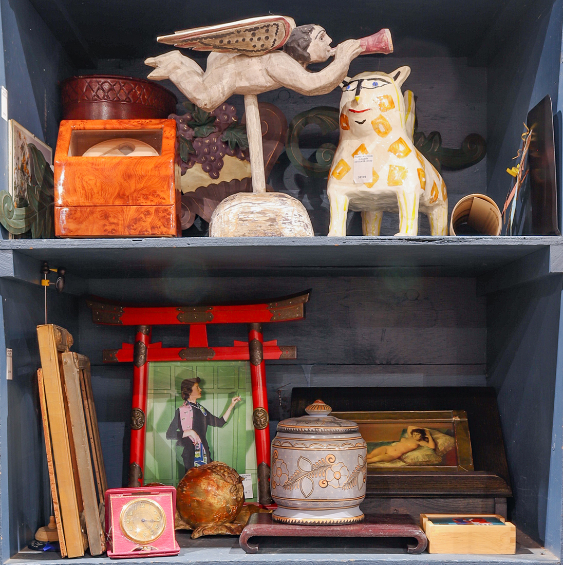 TWO SHELVES OF DECORATIVE AND OTHER