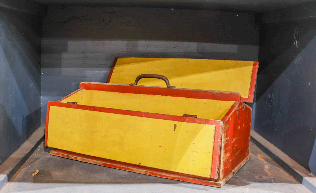 PAINTED WOOD TOOL BOX AND TOY BLOCKS