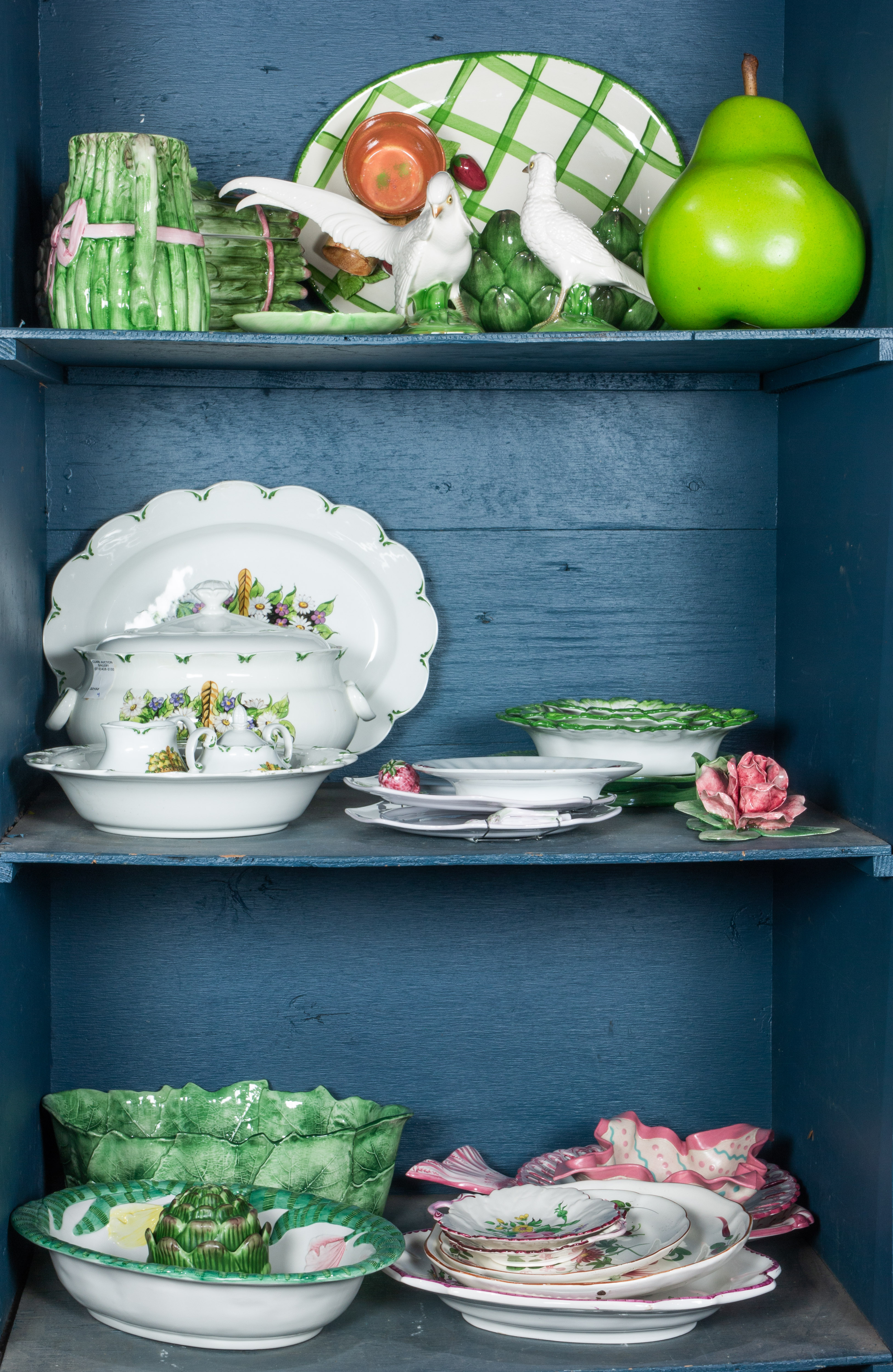 THREE SHELVES OF MAINLY POTTERY